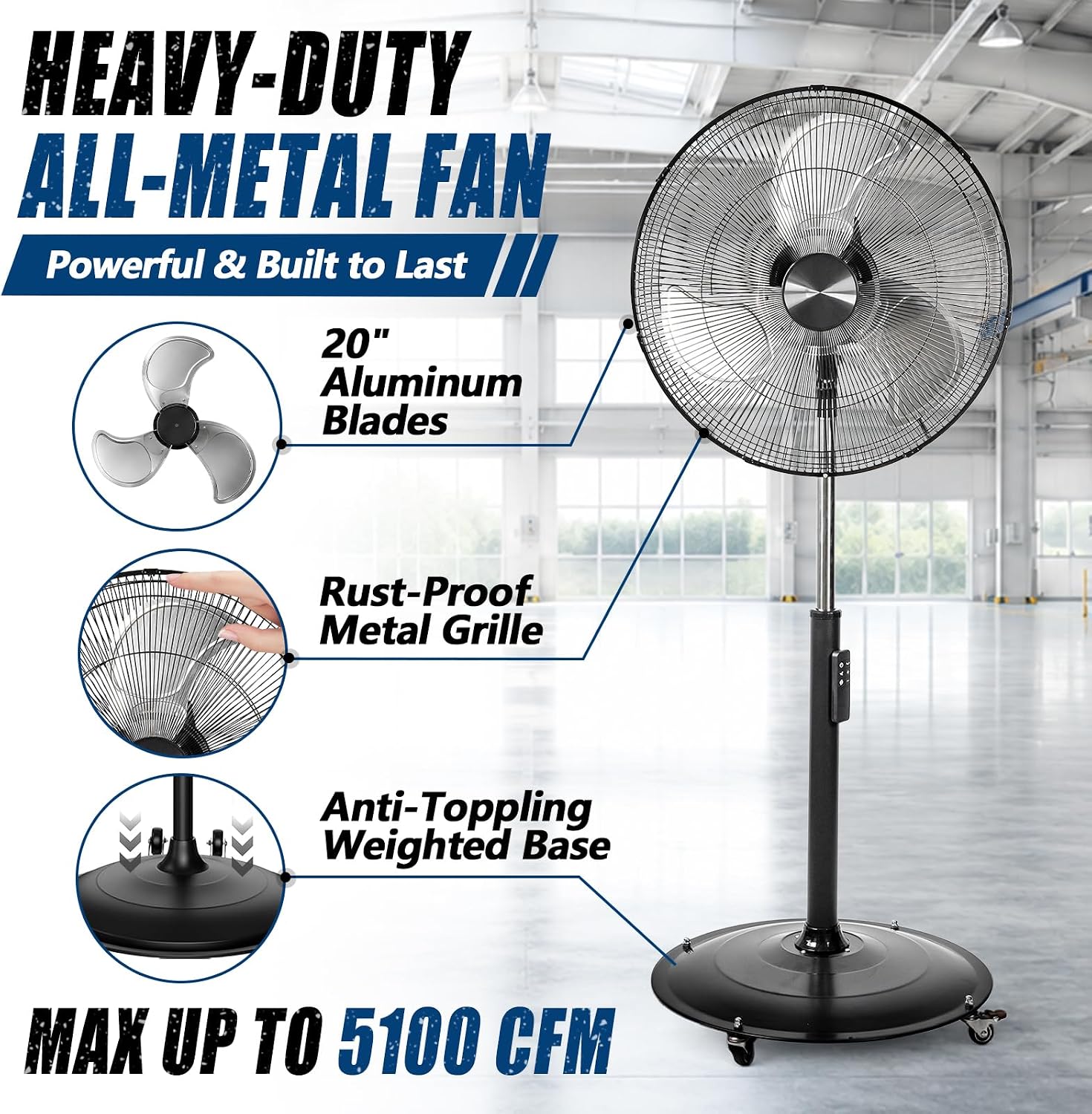20 Inch DC Motor Pedestal Fan, 5100 CFM High Velocity Oscillating Fan, Remote Control, Heavy-Duty Metal Standing Fan with 4 Casters, UL Listed for Warehouse, Garage, Workshop - Black