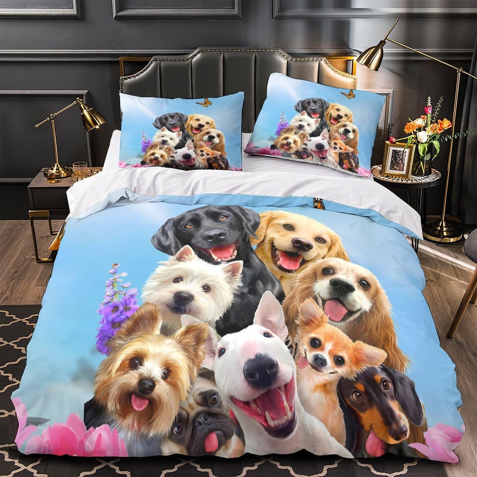 MMDASBVPE Happy Dogs Group Duvet Cover 3D Design Printed Machine Washable 3 Pieces Bedding Set Zipper Quilt Cover Hotel Quality Durable for Adults Kids Women Teens Youth King（220x240cm）