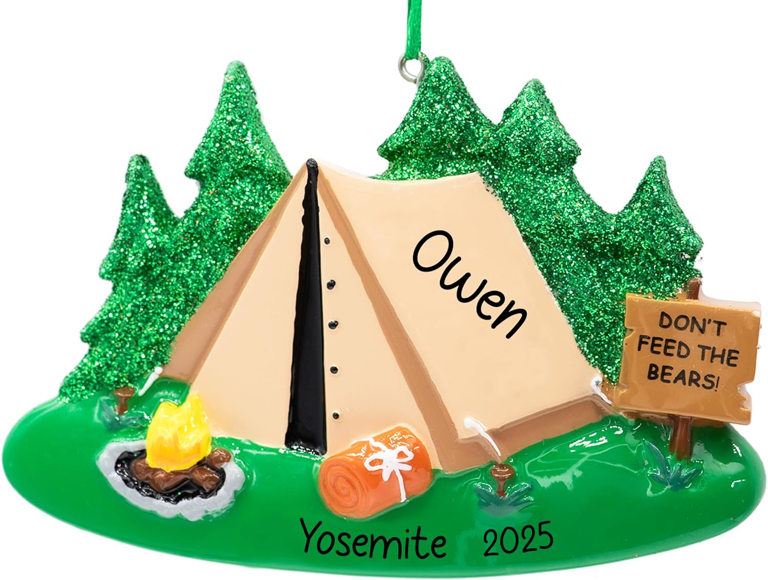 Personalized Camping Christmas Ornament 2026 for Campers - Free Customization | Tent with Glitter Trees Campfire and Don't Feed the Bears Sign for Xmas Tree Keepsake | Custom Name & Year