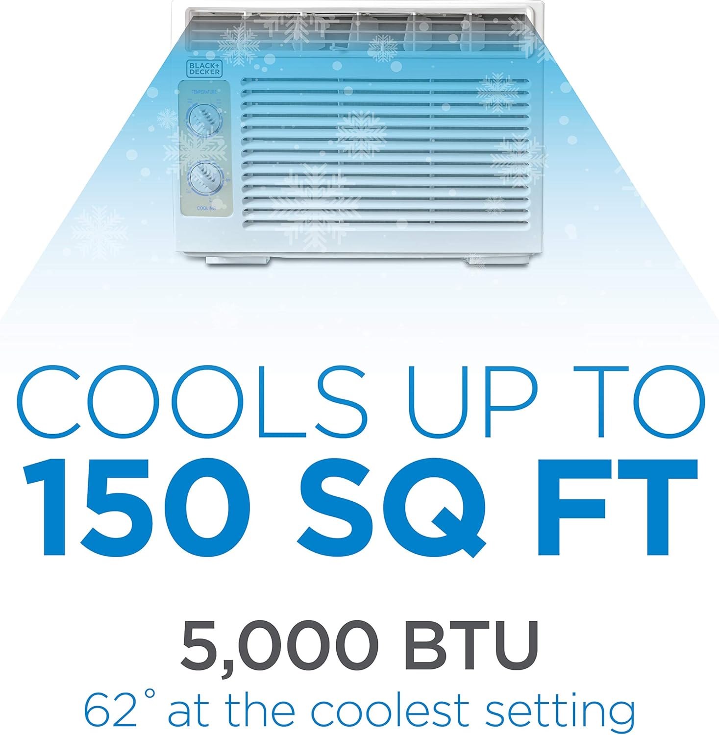 black+decker window air conditioner 5000 btu, ac window unit cools up to 150 square feet, window ac unit with mechanical controls, manual fan only and cool settings, bd05mwt6, white white - 5000 btu