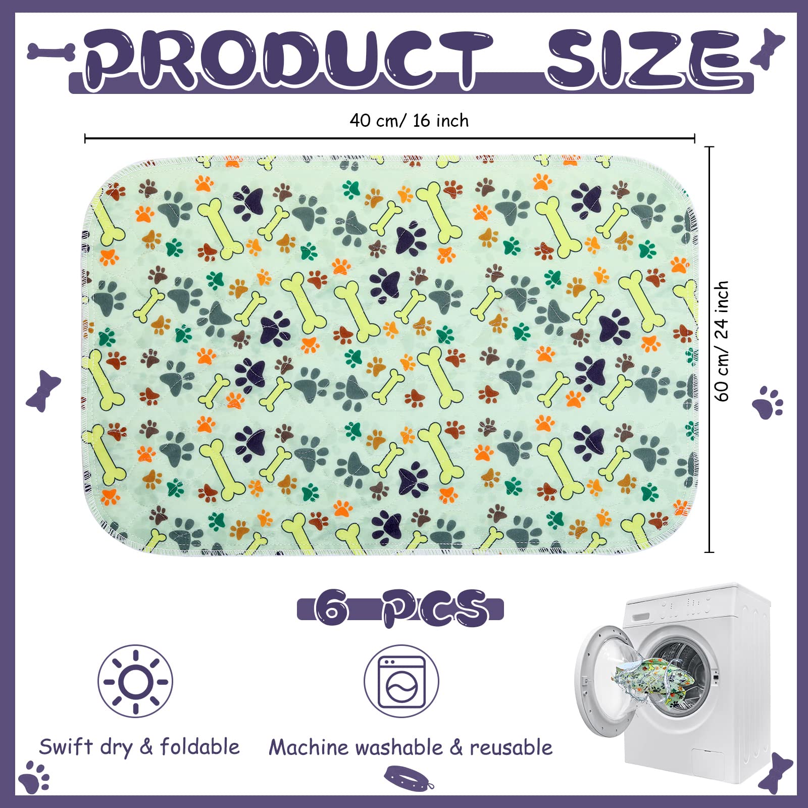 Photect 6 Tappetini Assorbenti Impermeabile per Cani Tappetini Igienici Riutilizzabili Cuscinetti Antiscivolo per Pipì Cuccioli Tappetini con Controllo Odori per Addestramento, 40 x 60 cm