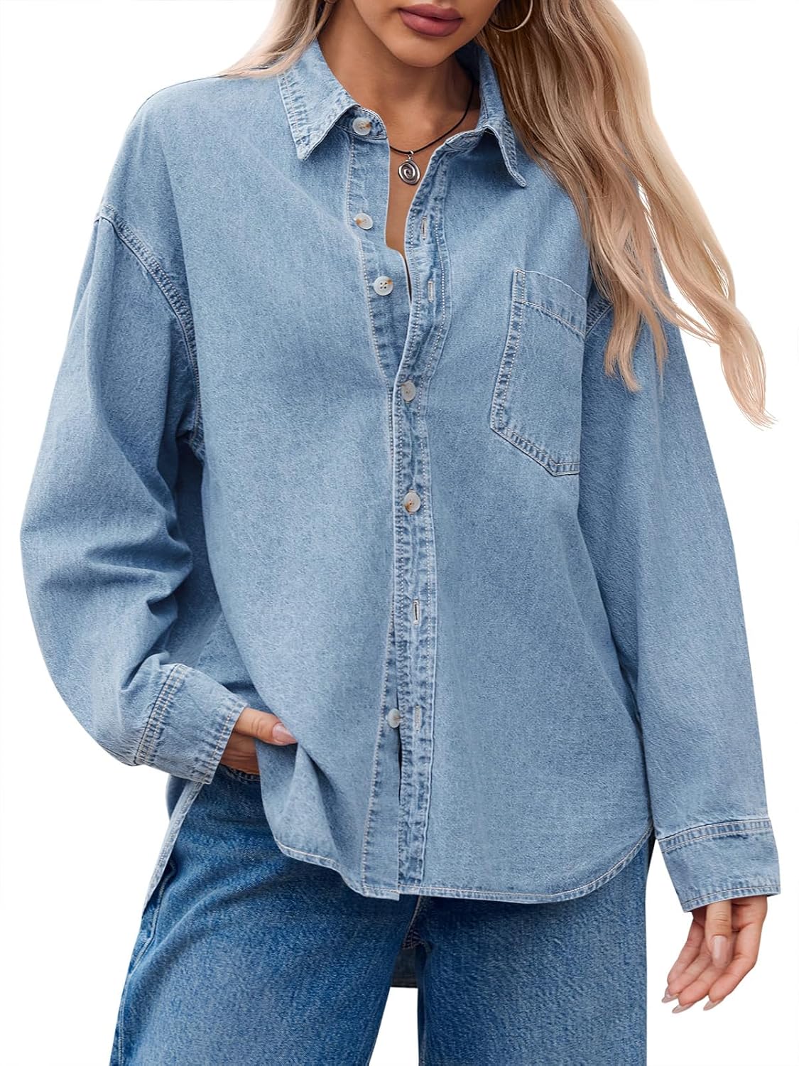 Cicy Bell Womens Oversized Denim Shirt Jean Jacket 2026 Spring Fashion Button Down Shirts Long Sleeve Tops Trendy Shackets - Image 3