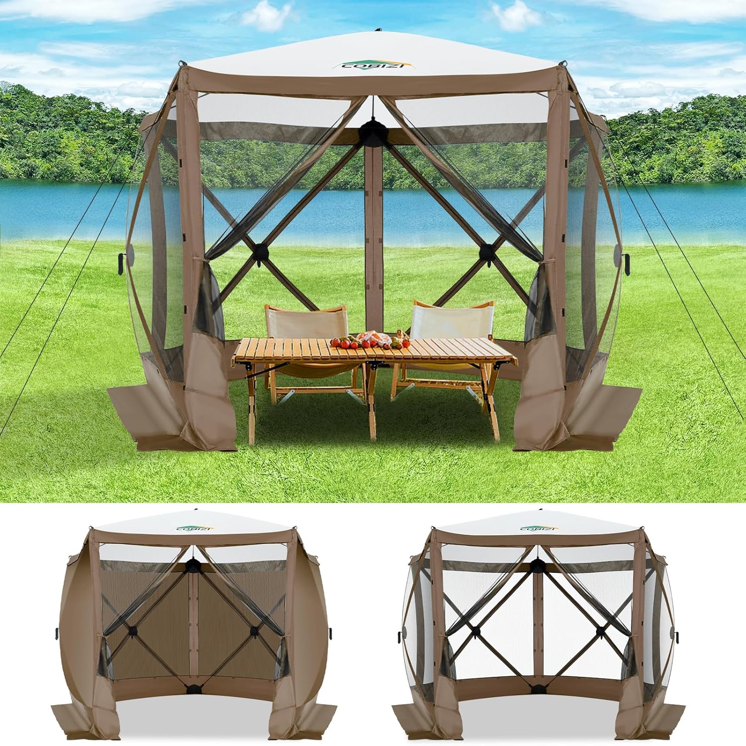 COBIZI 10x10 FT Pop up Gazebo, Popup Canopy Tent,Screened in Gazebos with sidewalls,Waterproof Portable Outdoor Small Screen Tents Sun Shelter,carpas para Patio for Camping,Garden,Backyard,Brown