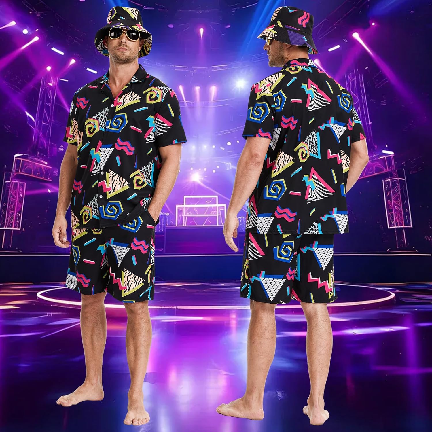 80s 90s Outfit for Men, Hawaiian Vintage Shirt &Shorts Set, Hip-Hop Costume for Halloween Disco Retro Theme Party