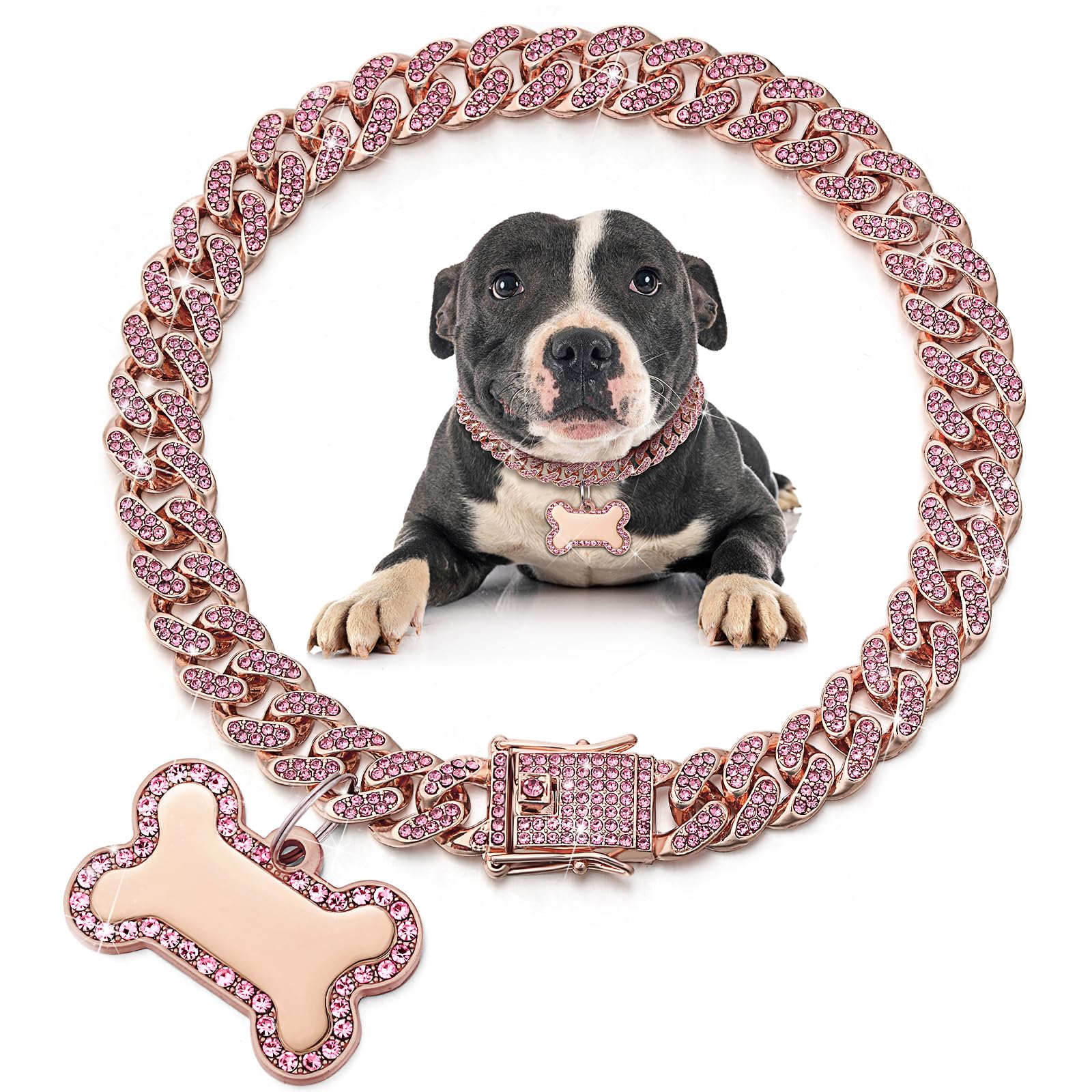 Hillban Dog Chain Rose Gold Diamond Collar with Pet ID Jewelry Tags Rhinestones Stainless Steel Metal Link Collar Walking Chain Necklace for Christmas Puppy Boys Girls Gift Small Dogs โ image 1
