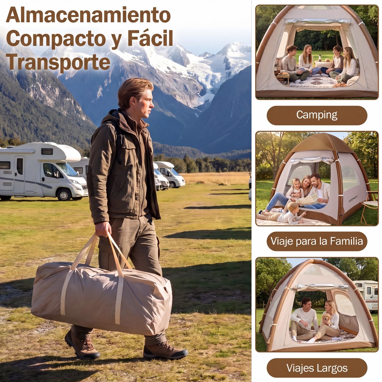 COSTWAY Tienda de Campaña para 2-4 Persona, Tienda de Campaña Hinchable con Bomba de Aire, Puertas y Ventanas de Malla, Estacas y Cuerdas de Sujeción, Bolsa de Transporte, 208 x 208 x 196 cm