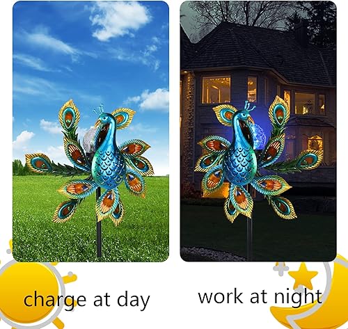 Miniatura 3 de Molinillo de viento solar para exteriores de metal cinético con iluminación LED, bola de vidrio, pavo real con estaca, molino de viento decorativo