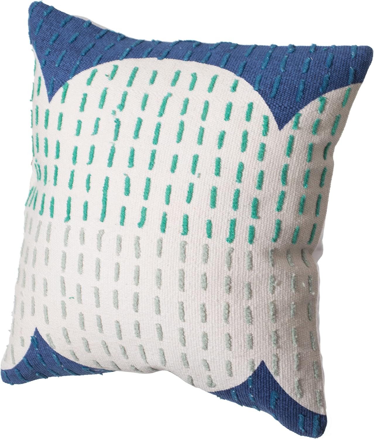 Deerlux 16" Handwoven Cotton Throw Pillow Cover with Ribbed Line Dots and Wave Border, Blue