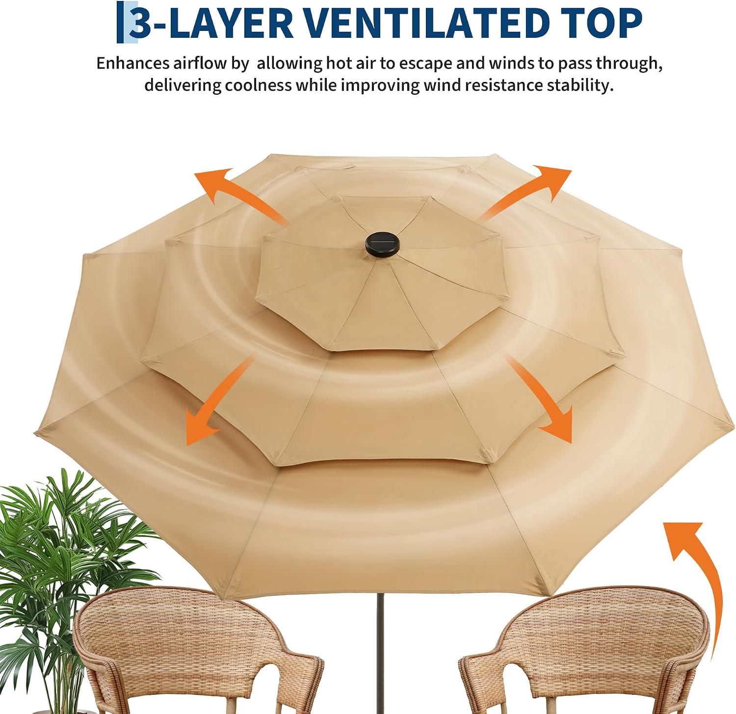 Garvee 9ft 10ft Patio Umbrella with Solar Lights, 3-Tier Umbrella Outdoor Patio with LED Lights, Ventilation, Easy Crank & Tilt, 8 Sturdy Ribs, UV Protection, Large Patio Umbrella for Deck, Pool