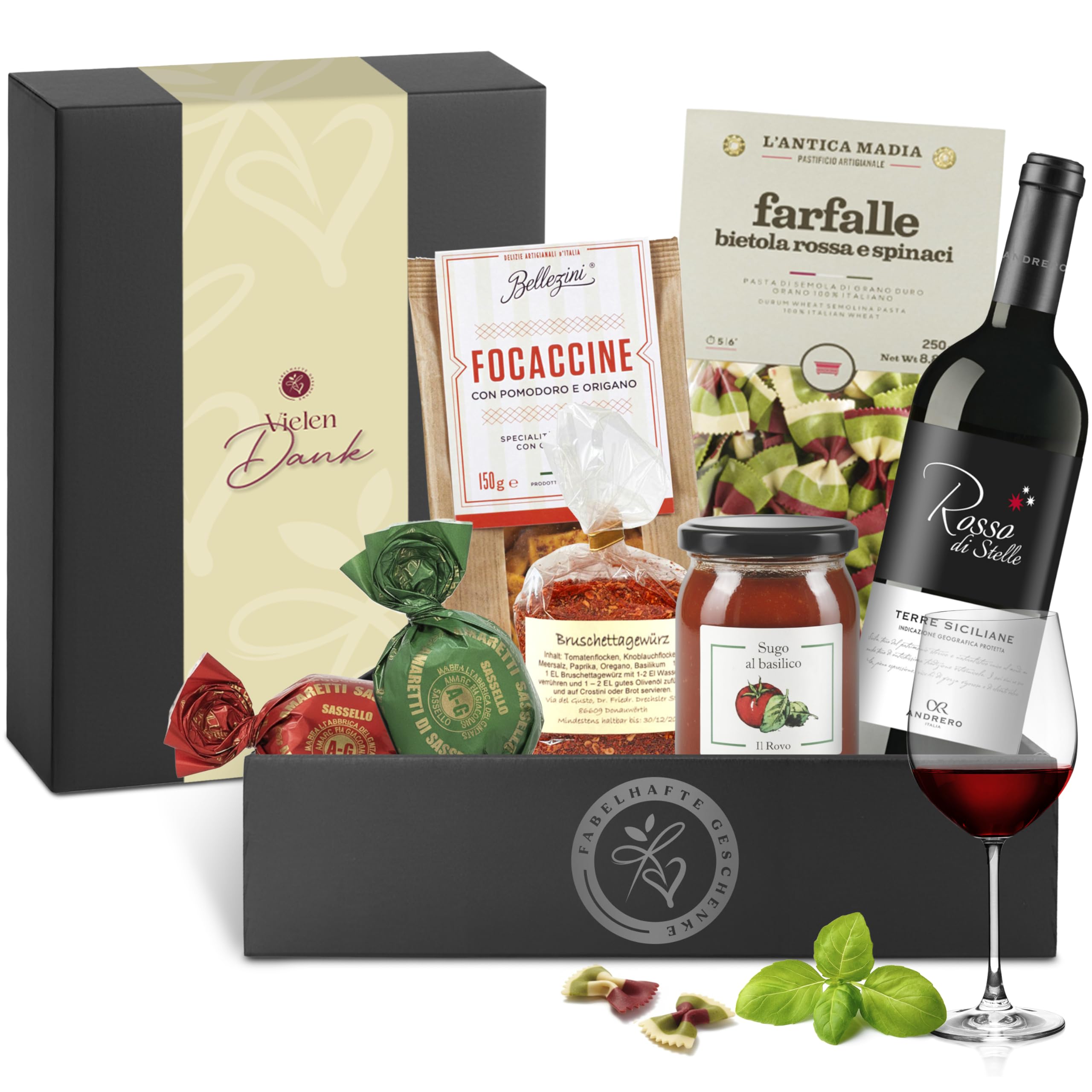 Danke-Präsentkorb Italia gefüllt mit Rotwein & italienischen Delikatessen Geschenkkorb