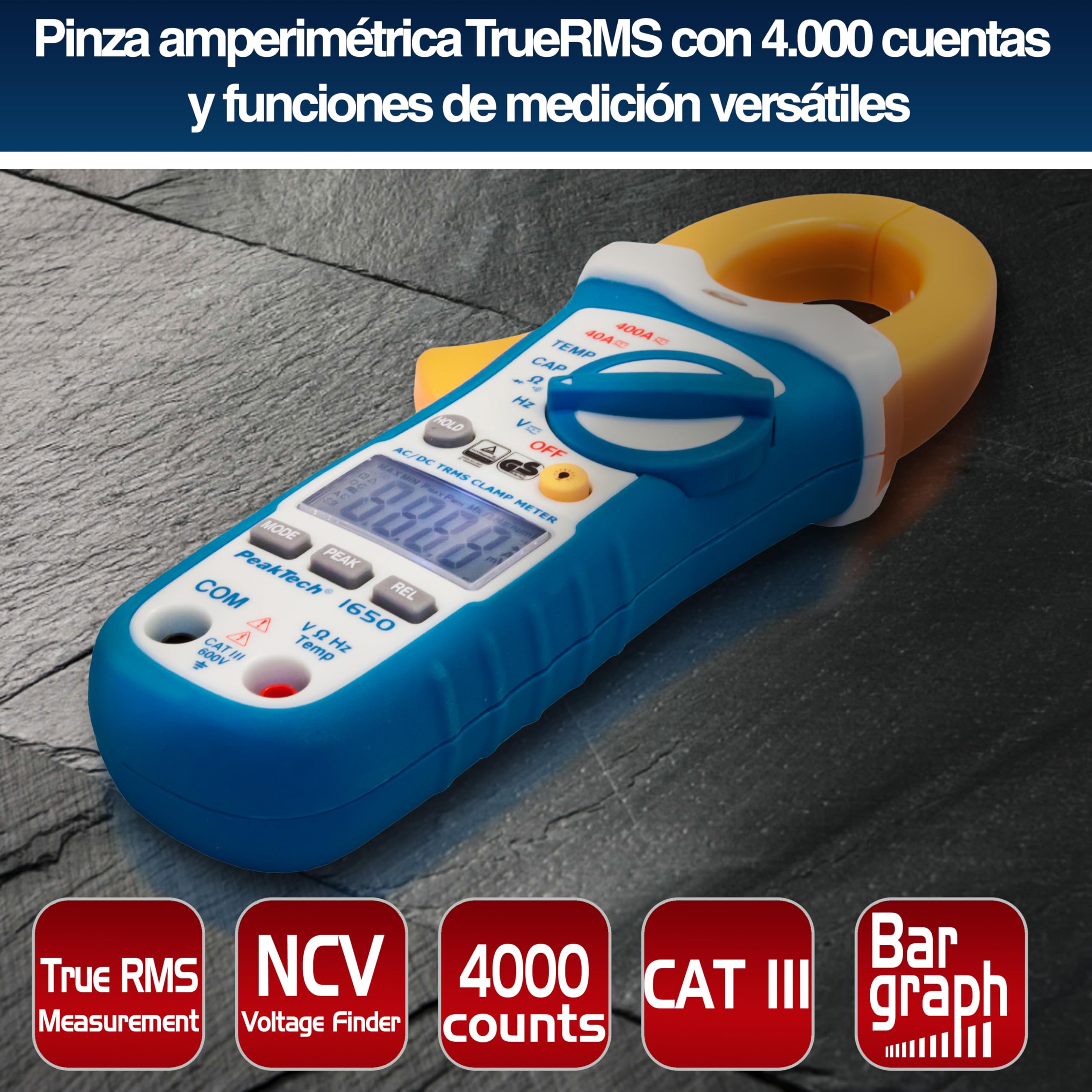 PeakTech 1650 – Pinza amperimétrica RMS 400A AC/DC, multímetro digital, TUV/GS, pinza de corriente 4000 cuentas, voltímetro sin contacto, medición de corriente, probador de continuidad - Máx 600 V