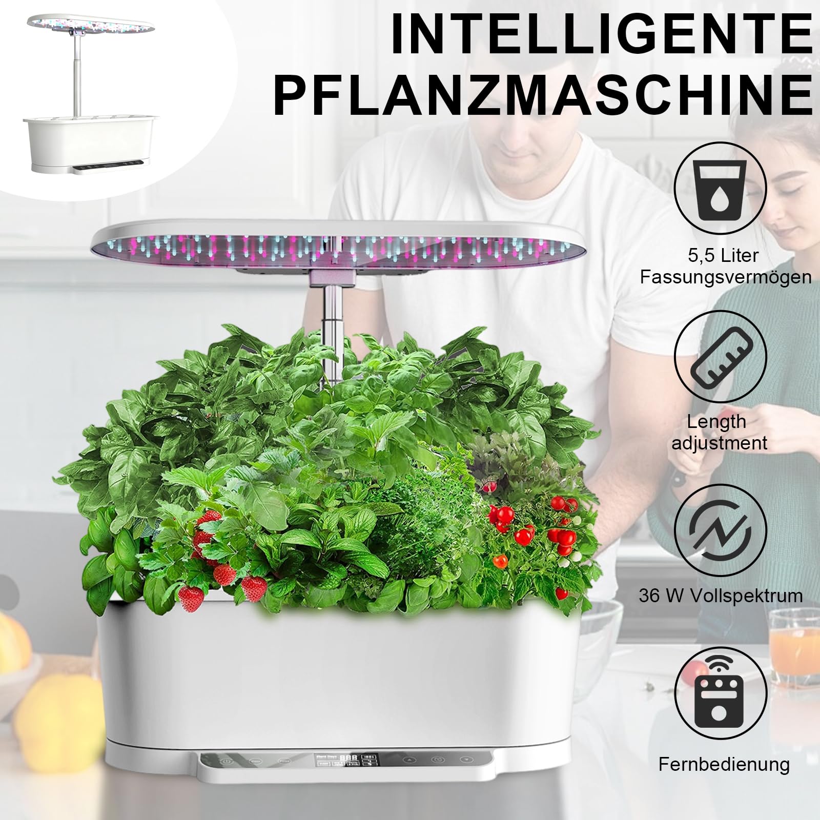 Kit de culture hydroponique Wi-Fi et application - 15 trous de plantation - Système d'éclairage LED de 36 W et écran LCD - Réservoir d'eau de 6 litres - Hauteur réglable - Femme