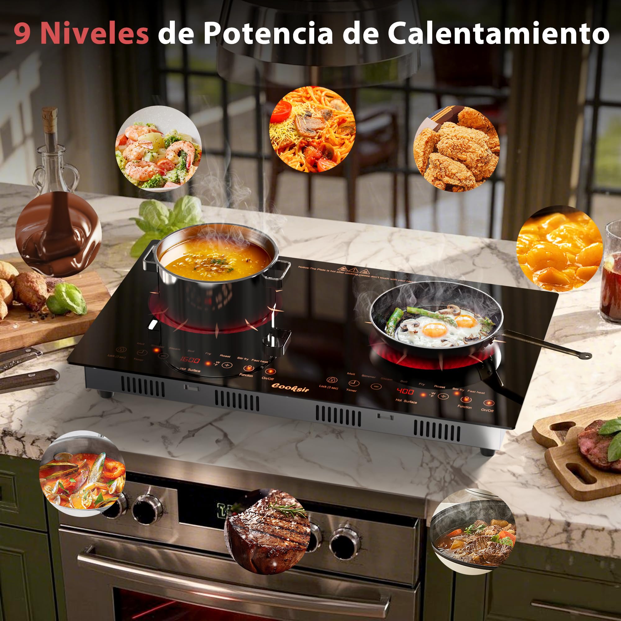 Placa Vitrocerámica de 2 Fuegos Portatil, 60 cm Para Empotrar o Móvil | Cooksir Vitroceramica, Autónoma, Tacto Horizontal Independiente, Bloqueo de Seguridad, 220 V ~ 240 V, 3600 W, con Enchufe
