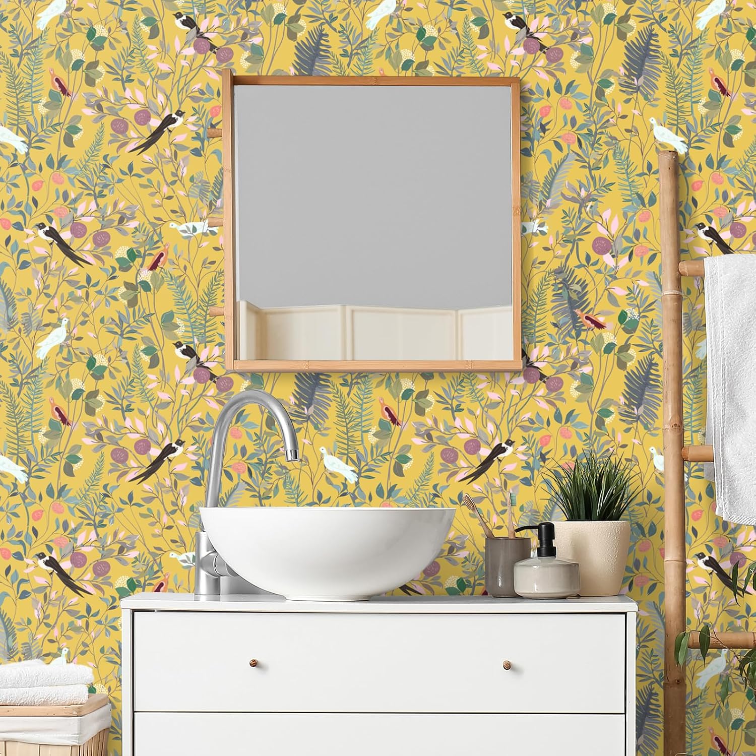 VEELIKE Yellow Chinoiserie Wallpaper Peel and Stick Berries Bird Wallpaper for Bedroom Living Room Farmhouse 17.7''x354'' Self Adhesive Floral Contact Paper Yellow Botanical Wall Paper for Room Decor
