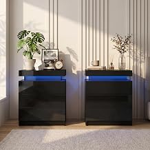 TUKAILAi Nightstand Set of 2 with LED Light, Modern Black Night Stand with Flip Top, Small Bedside Table with 3 Wood Drawers Storage, High Gloss End Side Table for Bedroom