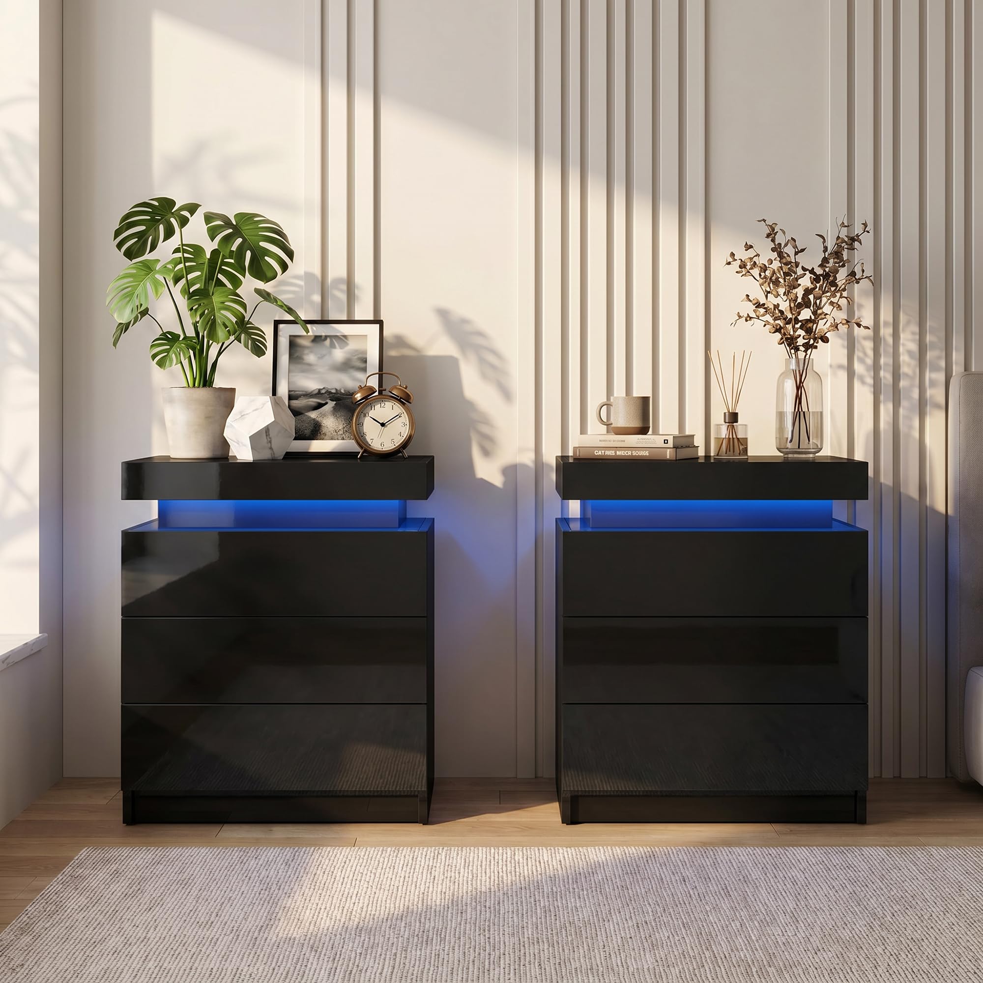 TUKAILAi Lot de 2 Table de Chevet LED avec 3 Tiroirs, Table de Nuit LED Connectee Chambre à Coucher, Commode Chambre LED Connectée pour Adulte, Chevet de Lit à Ports USB Salon Bois Cadeau (Noir)