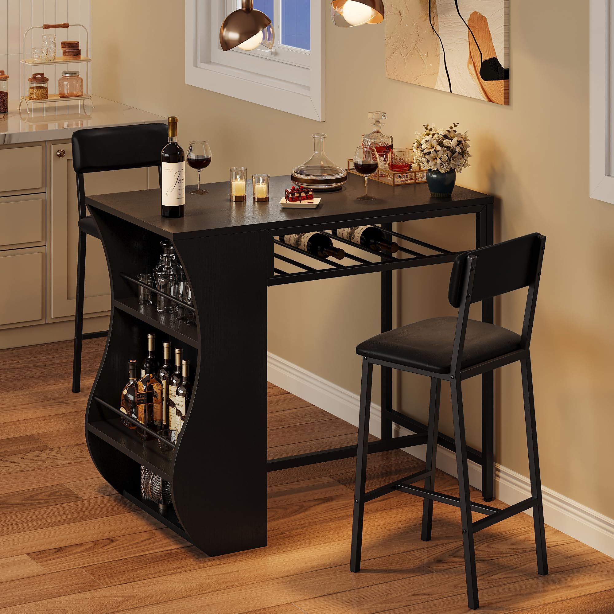FEONASE Juego de mesa de bar y taburetes de 3 piezas con estantes de almacenamiento de 2 niveles y estante para vino, juego de 2 sillas y mesa de comedor pequeña para espacios pequeños, marco de acero