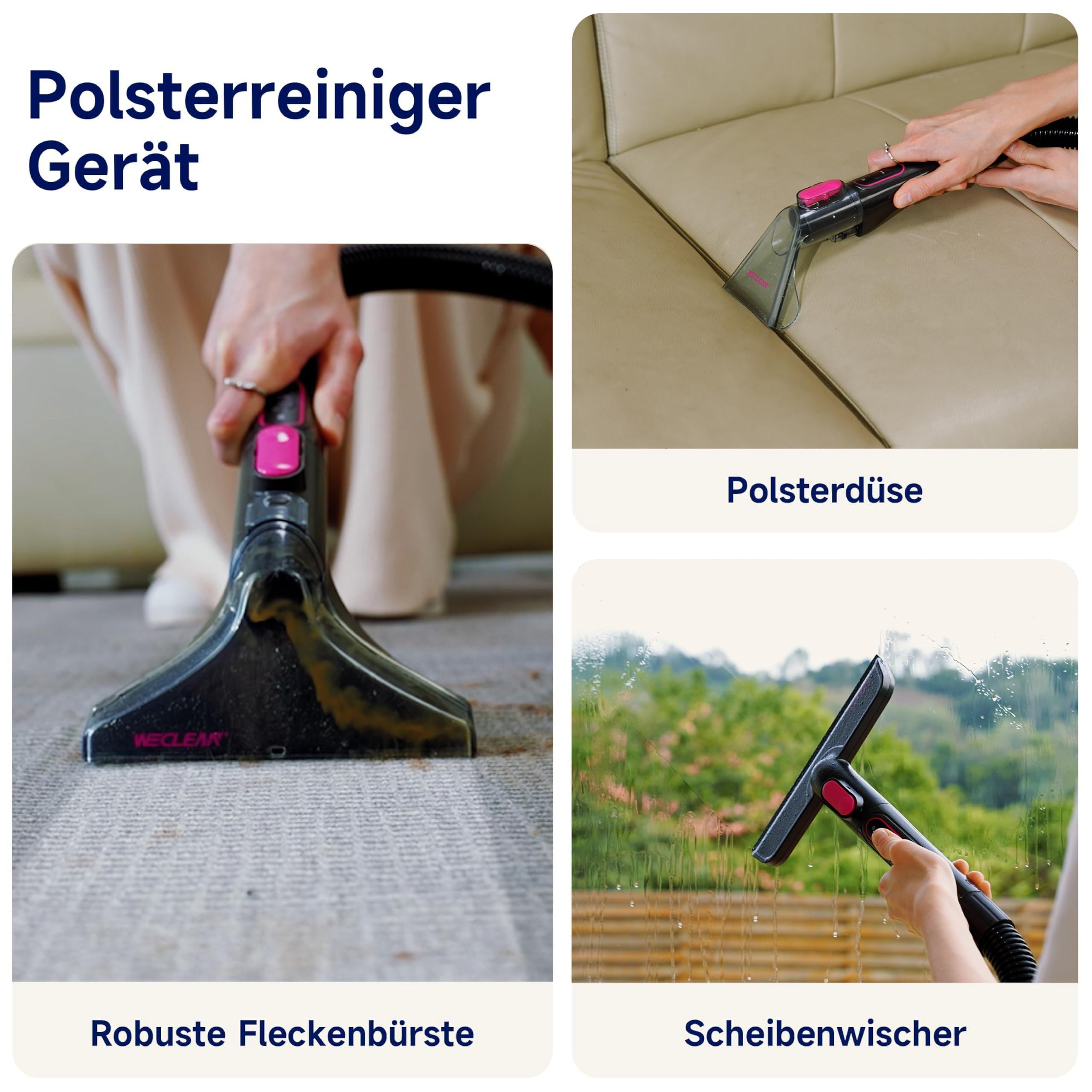 WECLEAN C3 Nasssauger Polsterreiniger Gerät,600W 18KPa Teppichreiniger Waschsauger für Teppiche, Sofas, Treppen, Fenster, Spiegel, Polstermöbel, Autos, Schwarz/Rosa