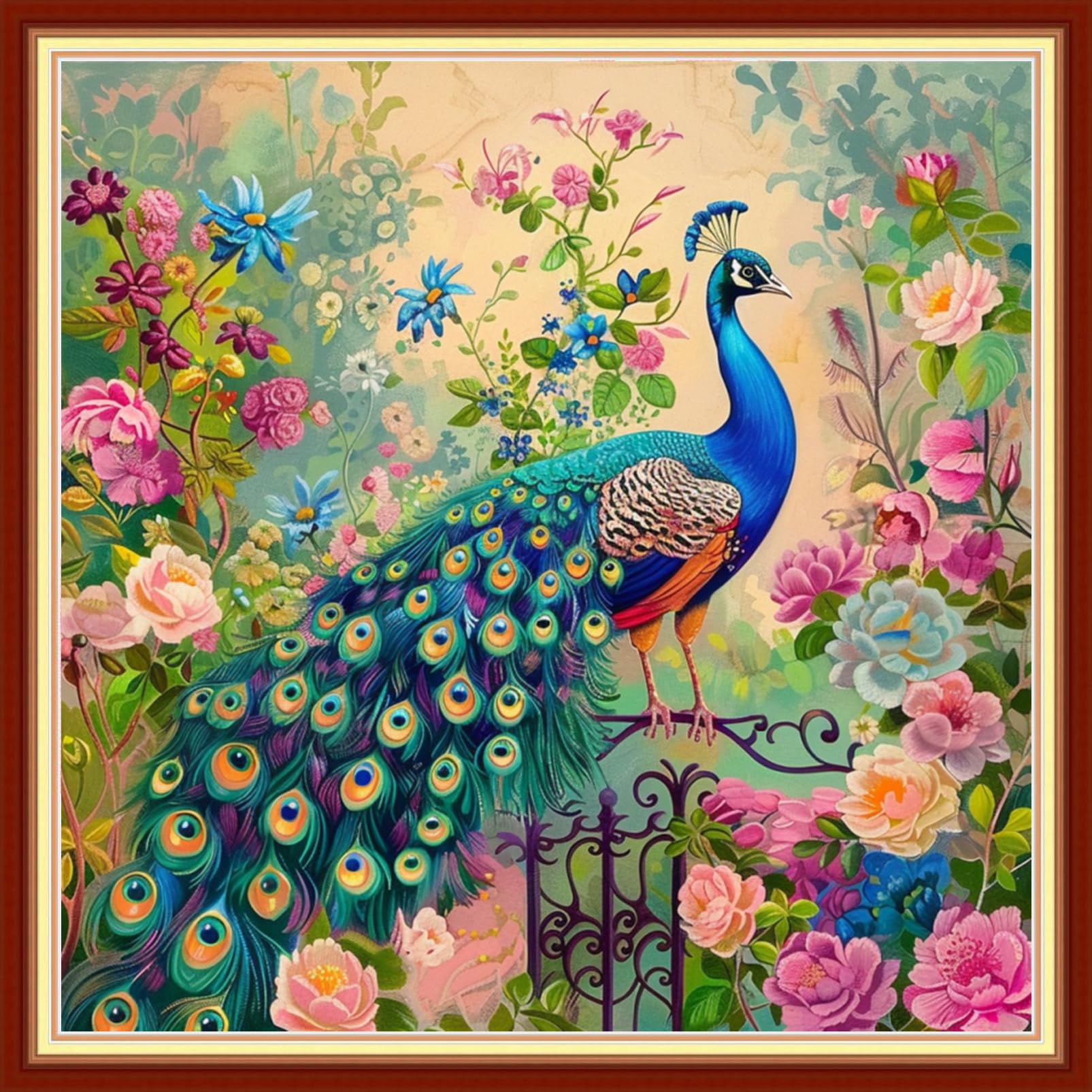 Findvoor Stamped Cross Stitch Kits for Beginners Full Range of Cross Stitching Embroidery Pattern for Adults, 11CT DIY Needlepoint Embroidery Starter Kits-Peacock Flowers 18x18 inch