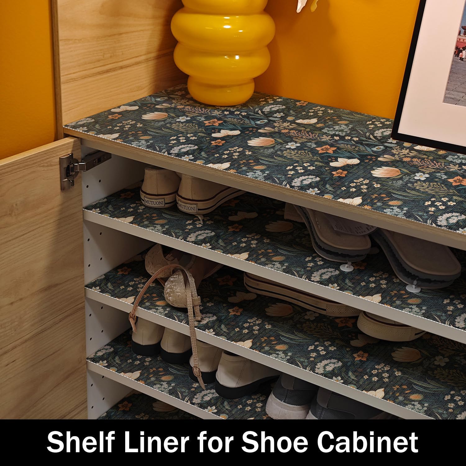 Vintage Floral Drawer Liner, 24IN x 10FT, Non-Adhesive and Strong Non-Slip Floral Shelf Cabinet Drawer Liners for Kitchen, Waterproof Cupboard Liners,Easy to Clean,Dark Green