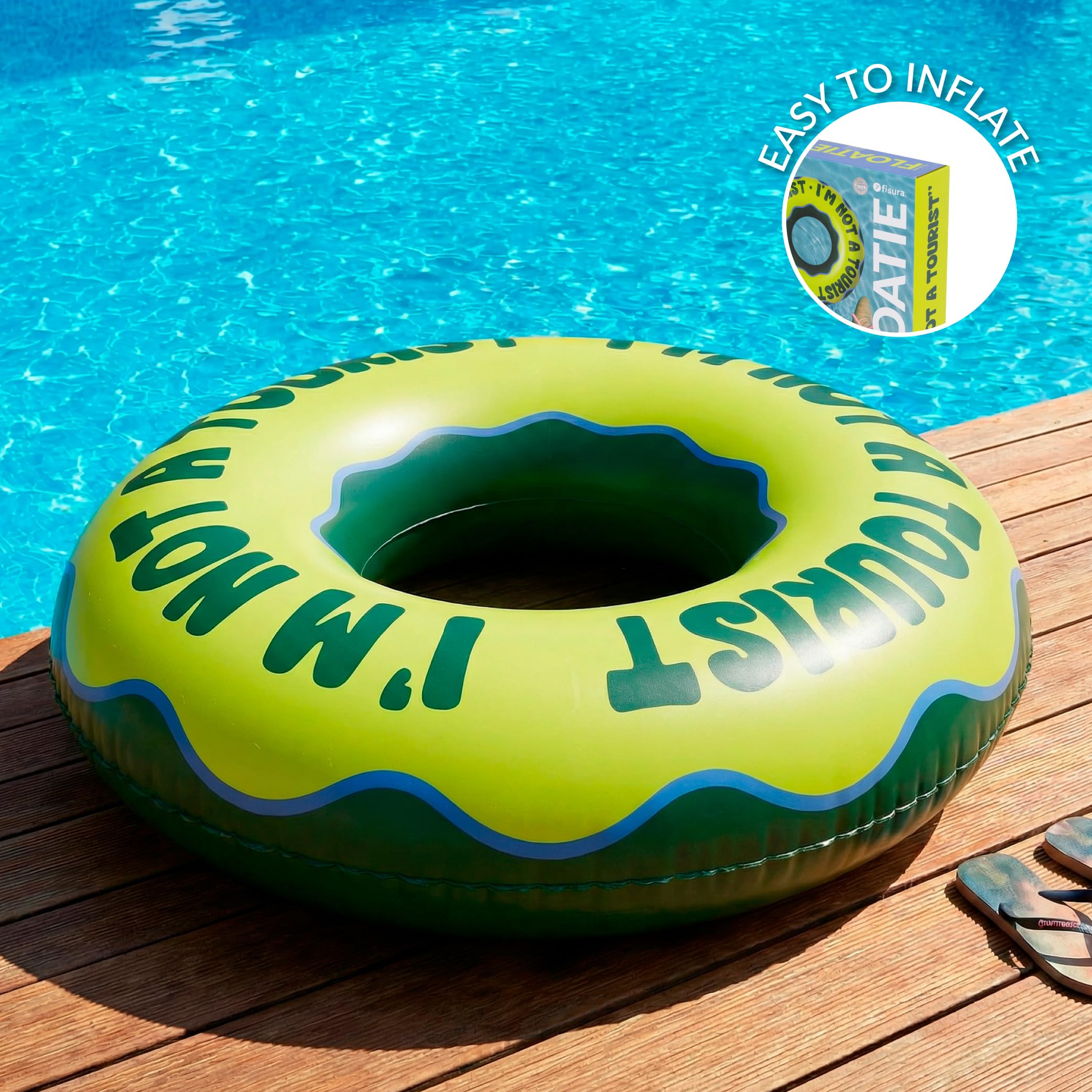 Fisura – Koło dmuchane „I'm not a tourist” zielone 105 cm, koło dmuchane z zaworem bezpieczeństwa do szybkiego pompowania, dmuchane koło do pływania na basen i plażę