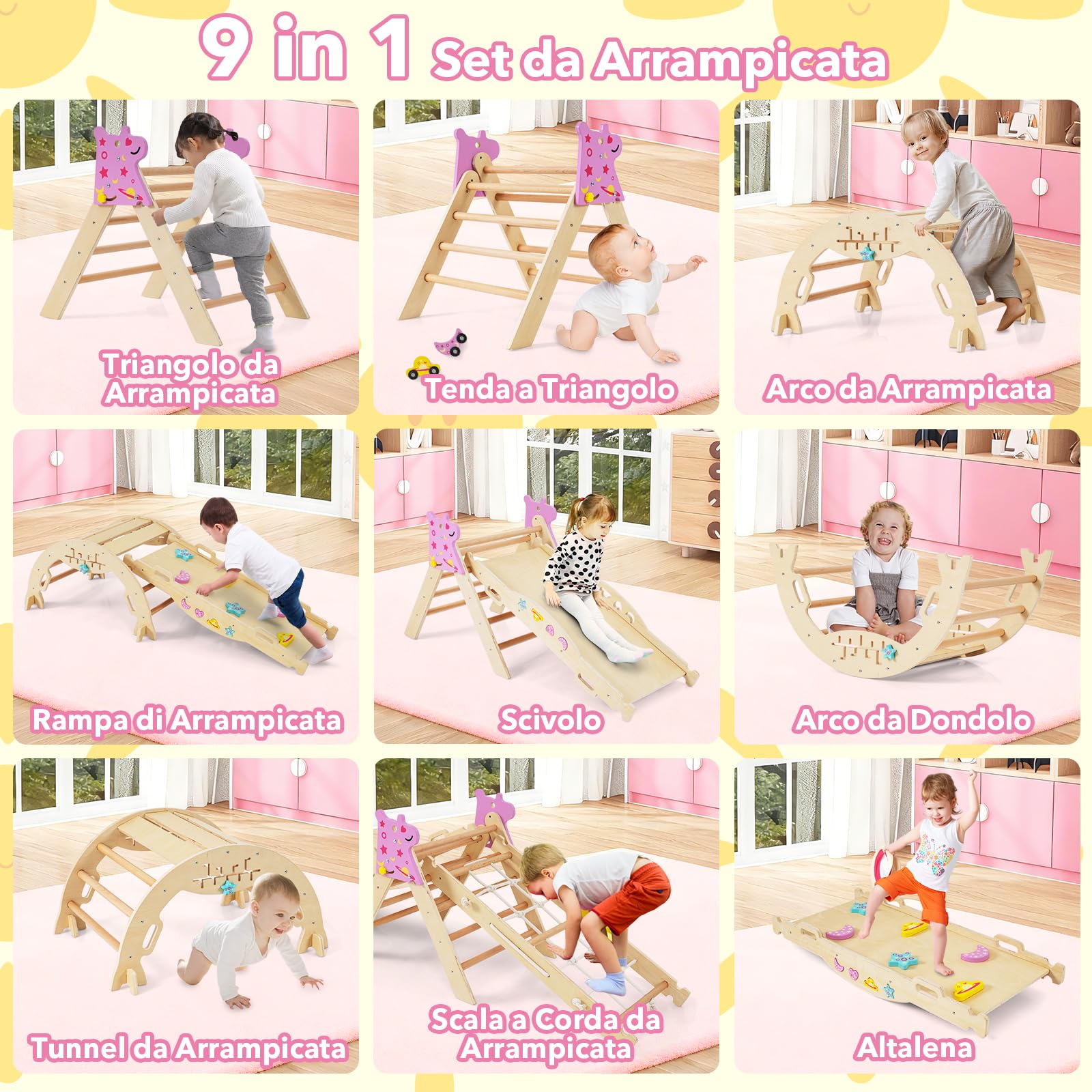 RELAX4LIFE Set da Arrampicata per Bambini, Triangolo di Arrampicata con Scivolo e Arco, Gioco di Incastri in Legno, Gioco Montessori per Bambini 1+ Anni