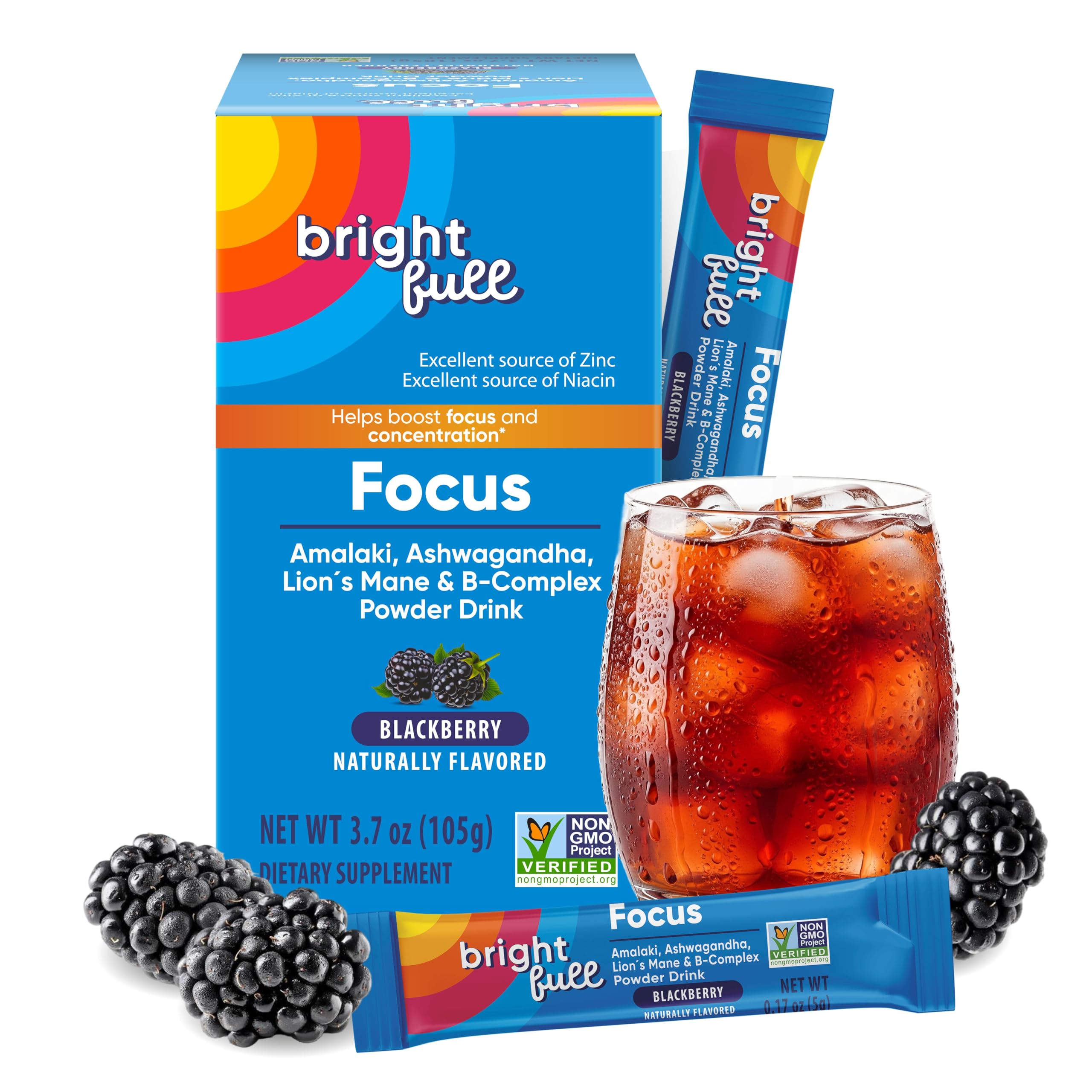 - Supplement Focus Sugar Free Dietary Supplement Drink Mix with Ashwagandha, Lion’s Mane, B Vitamins B1 B2 B3 B5 B6 B12, for Cognitive Performance & Clarity BlackBerry, 21 Day Supply
