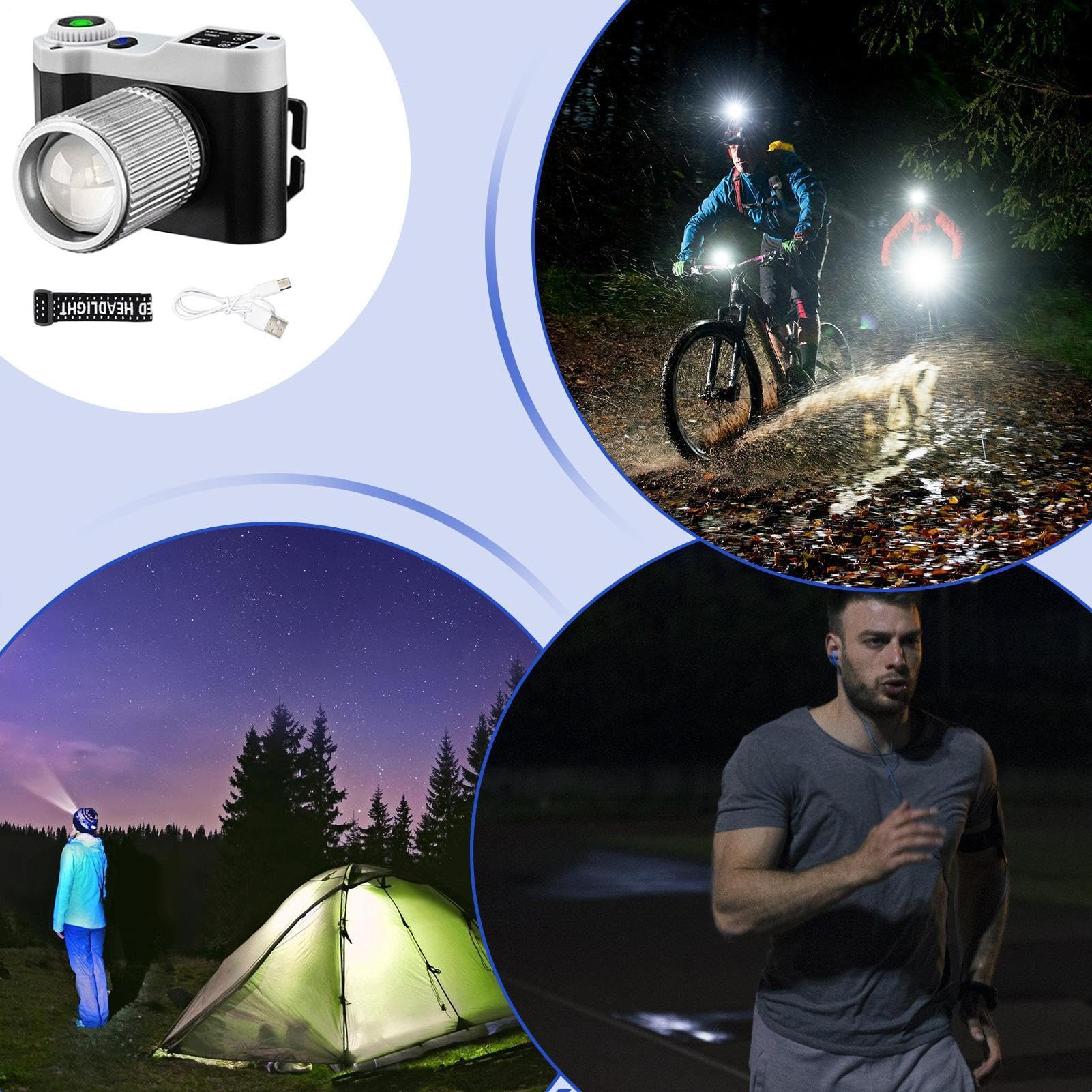 Lampada frontale a LED, lampada da pesca, torcia ricaricabile zoomabile