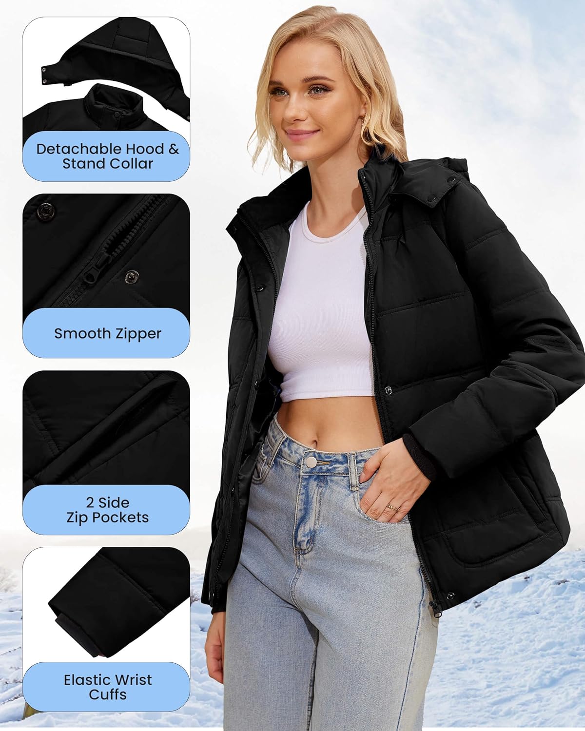 WULFUL Women's Winter Coats Lightweight Warm Thicken Puffer Jacket Waterproof Quilted Winter Jackets with Removable Hood - Image 5