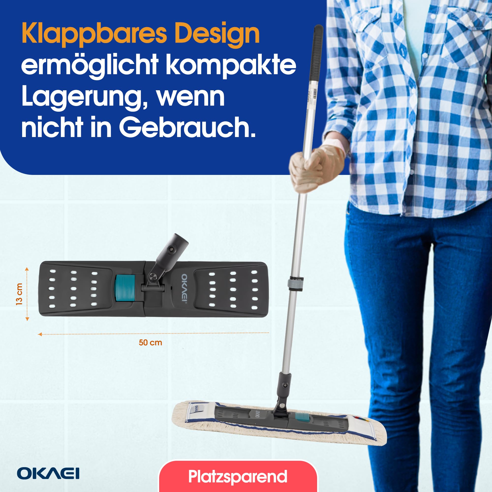 OKAEI Klapphalter für Wischmopps 50 cm – 10er Spar-Set für Profis – Industrie Mophalter mit 360° Drehkopf & Fußschalter – Bodenwischer Halter für große Flächen – robust & klappbar (grau/grün)