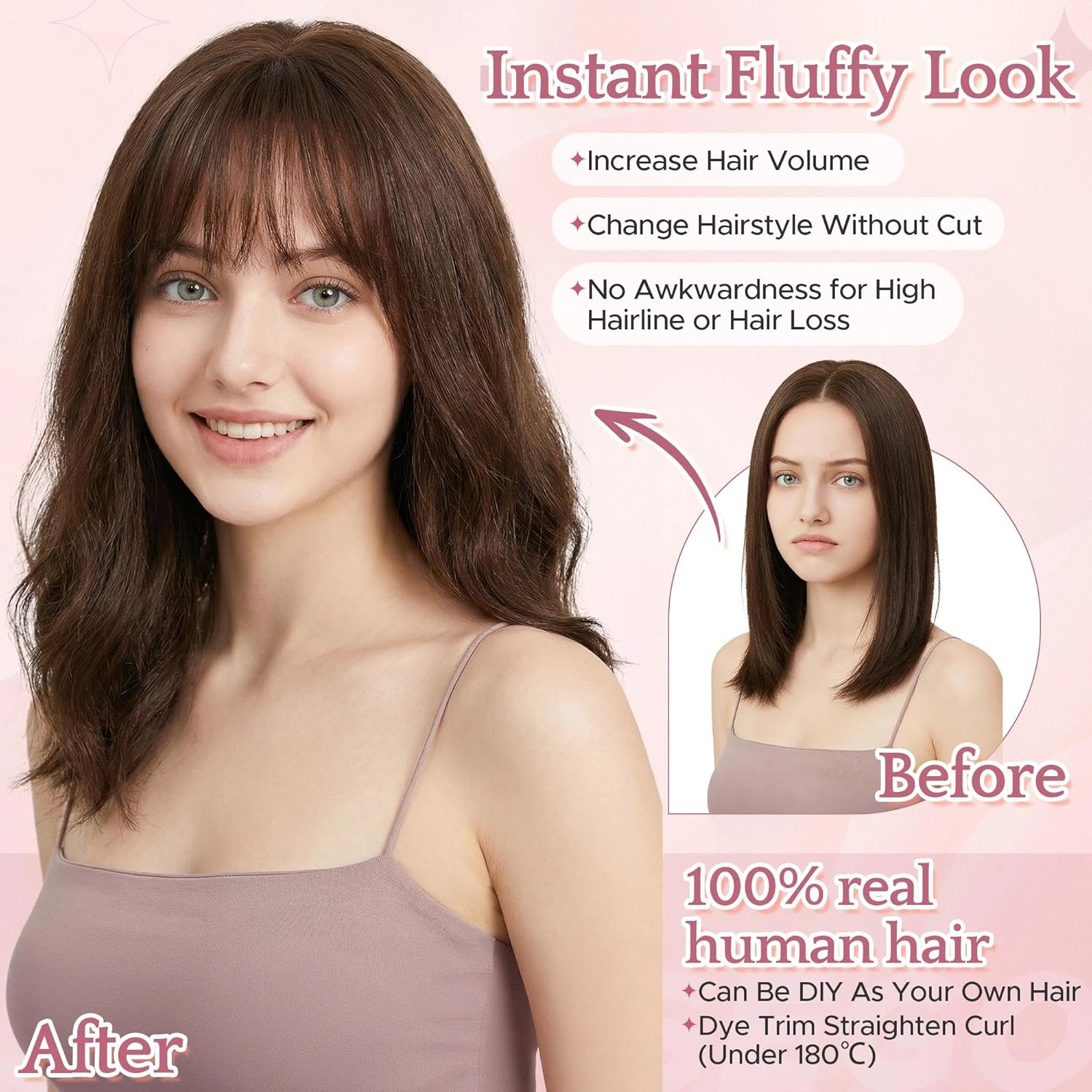 SEGO Hair Toppers for Women Real Human Hair With Wispy Bangs, Hand-tied No-Edge Invisible Breathable Fluffy Clip in Top Hairpieces for Thinning Hair -11 Inch Wispy Bangs #01B Natural Black