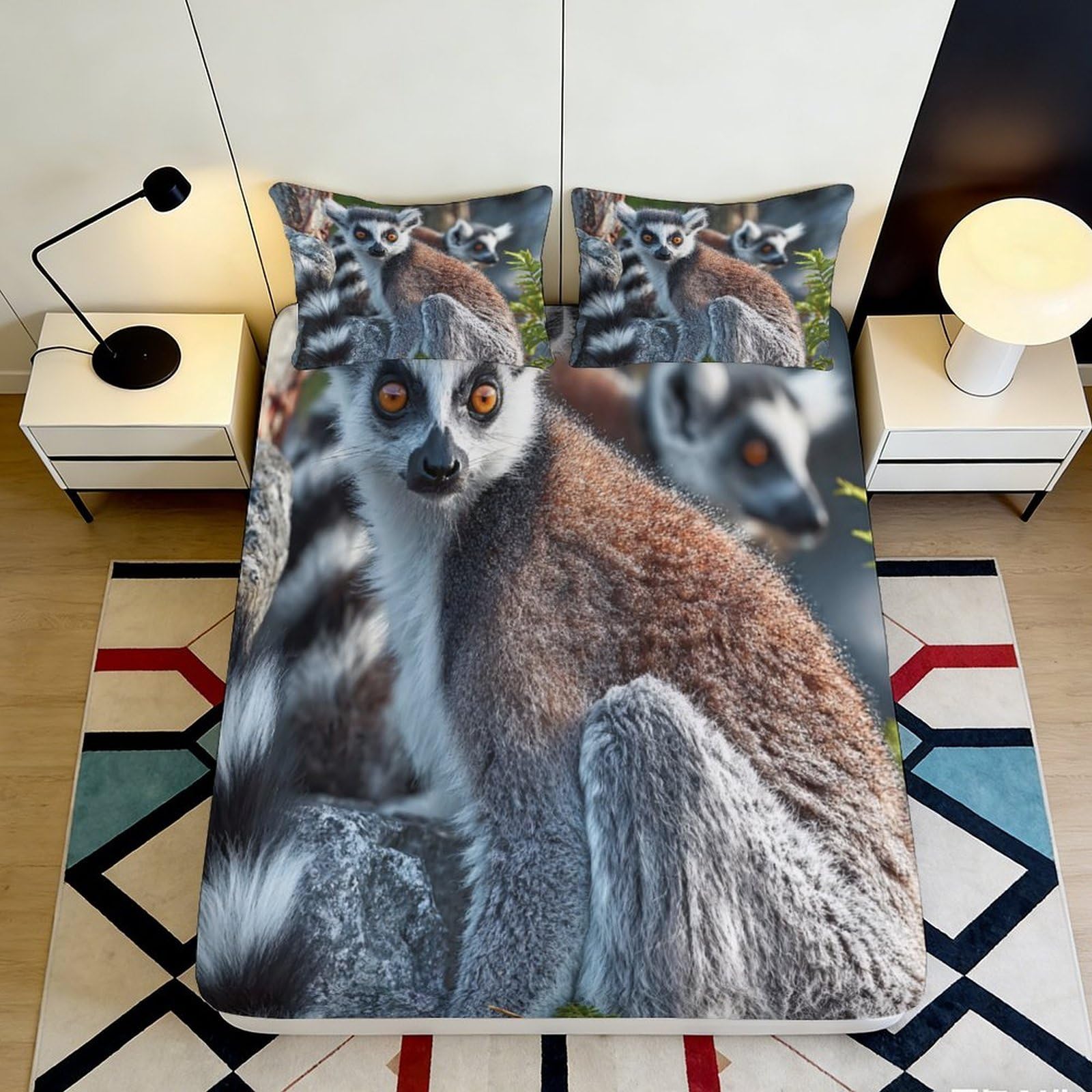3D Printed Lemur Fitted Sheet for Bedroom Decor, Microfiber Soft Touch, Wrinkle Resistant, Guest Room Bedding, Easy Care, Stylish Animal Pattern 90x200x25cm