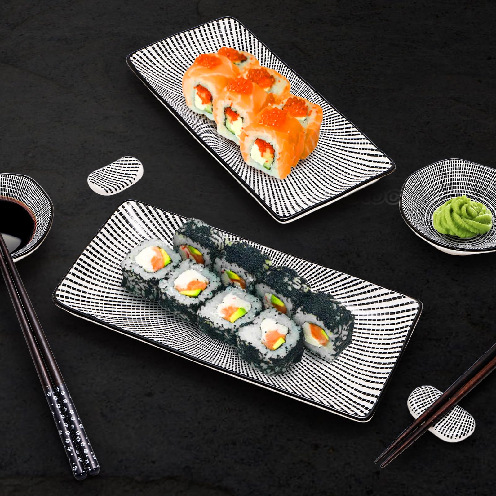 Pumtus Juego de 8 platos de sushi, juego de servir de sushi de cerámica para 2, vajilla japonesa de sushi para inauguración de la casa de boda, incluye 2 platos para servir, 2 cuencos de salsa, 2