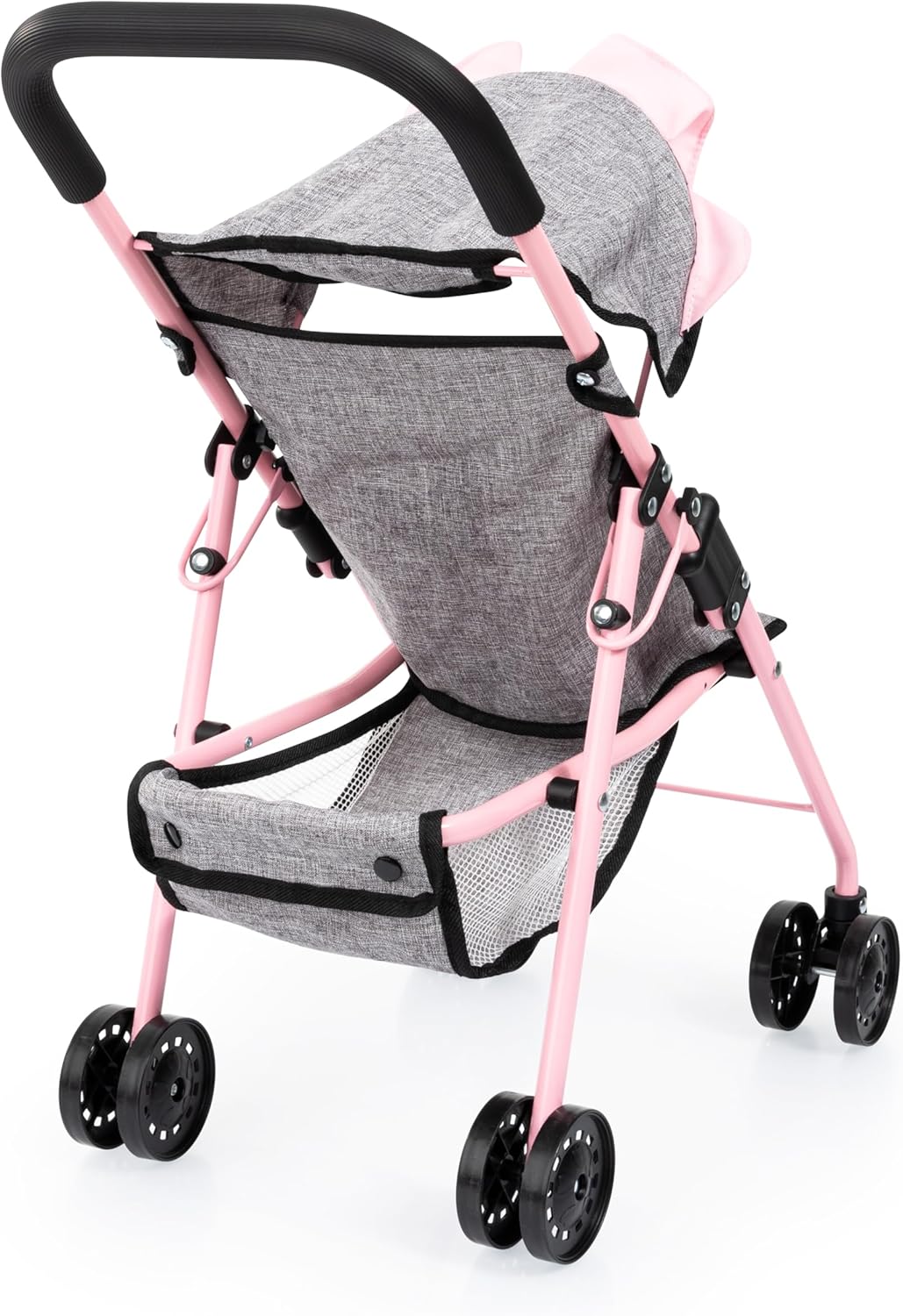 Bayer Design Doll Stroller - Folding Buggy with Canopy, Grey-Pink-Butterfly, Dolls up to 16in, Storage Basket, Kids 3+