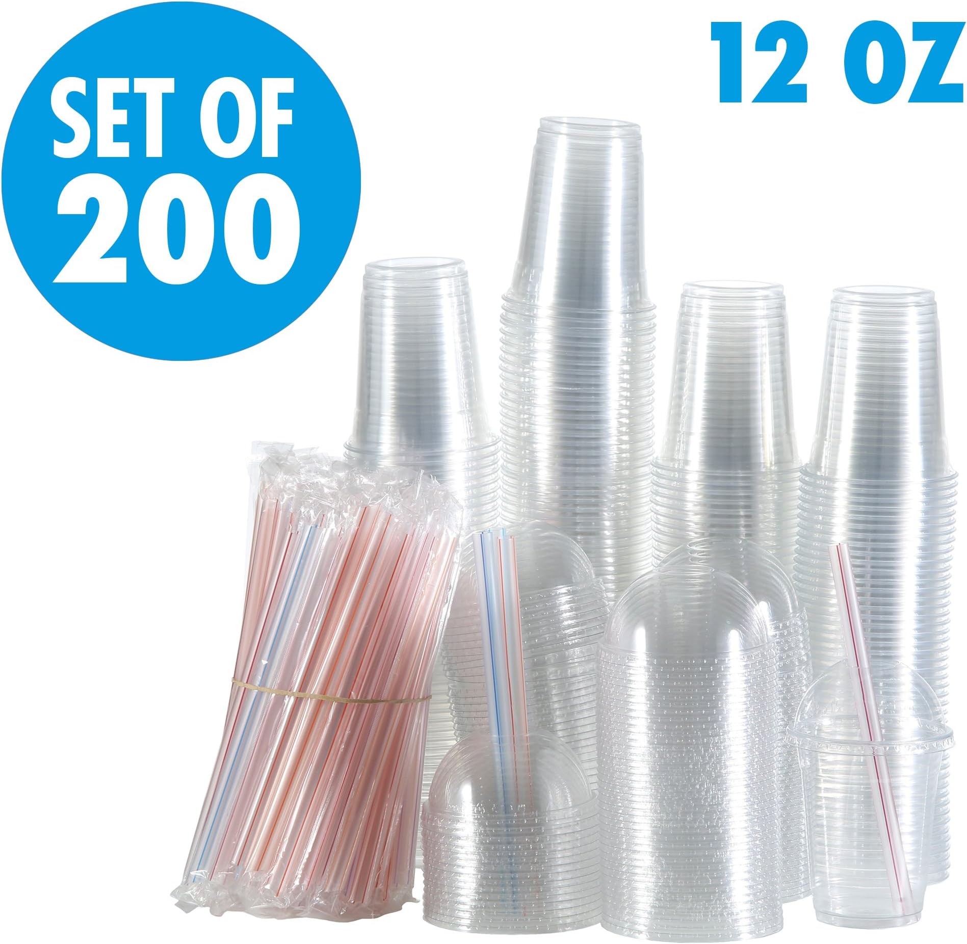Set of 200 12oz Clear Plastic Cups with Dome Lids, Smoothie Wide Large Straw, Cold Smoothie Iced Coffee Cup with Lids, Great for Cocktail, Juice, Teas, Clear Frozen Drink Beverage (12oz, Dome)