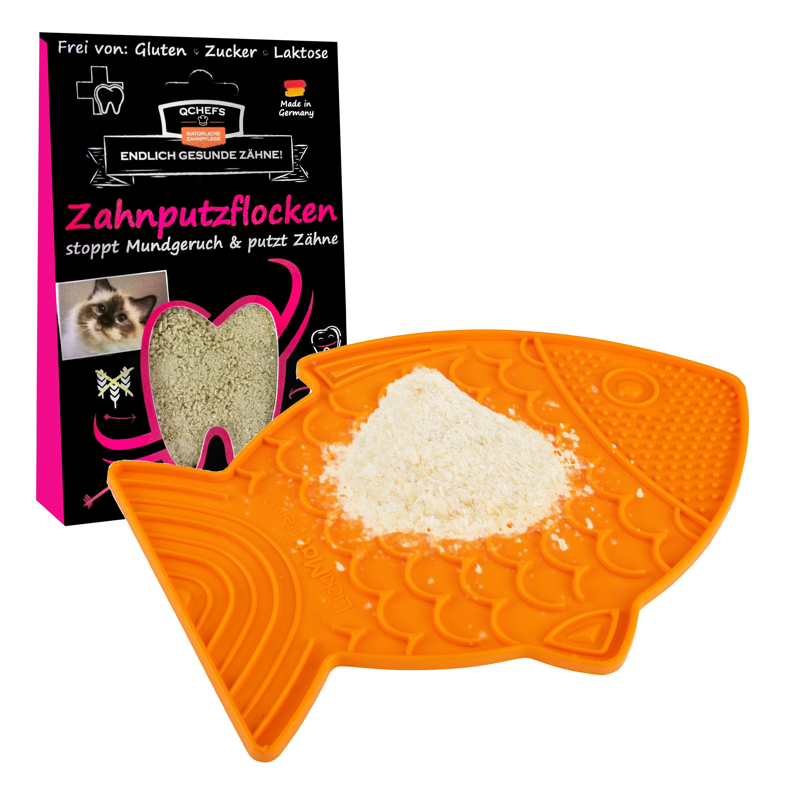 Qchefs Schleckmatte Felix mit Zahnputzflocken für Katzen zum Schlecken von der Futtermatte. Zahnpflege als Futter Topping mit der Lieblingsleckerei auf der Leckmatte bei Mundgeruch