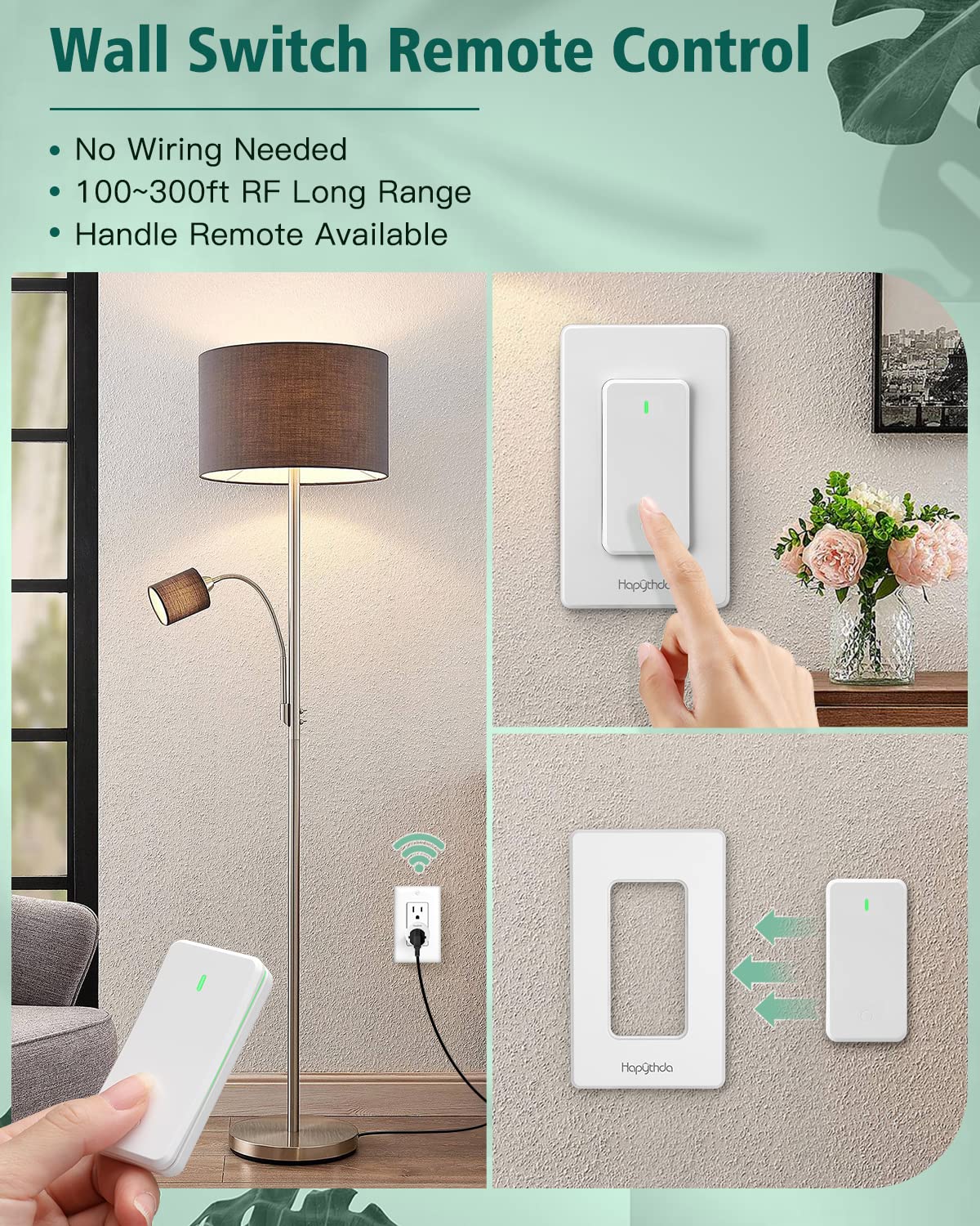 HAPYTHDA Remote Control Outlet, Wireless Wall Mounted Light Switch, 15A/1500W Electrical Remote Outlet for Light, No Wiring, 100 Feet RF Range, Small Electrical Appliance, with Anti-Surge 4000V