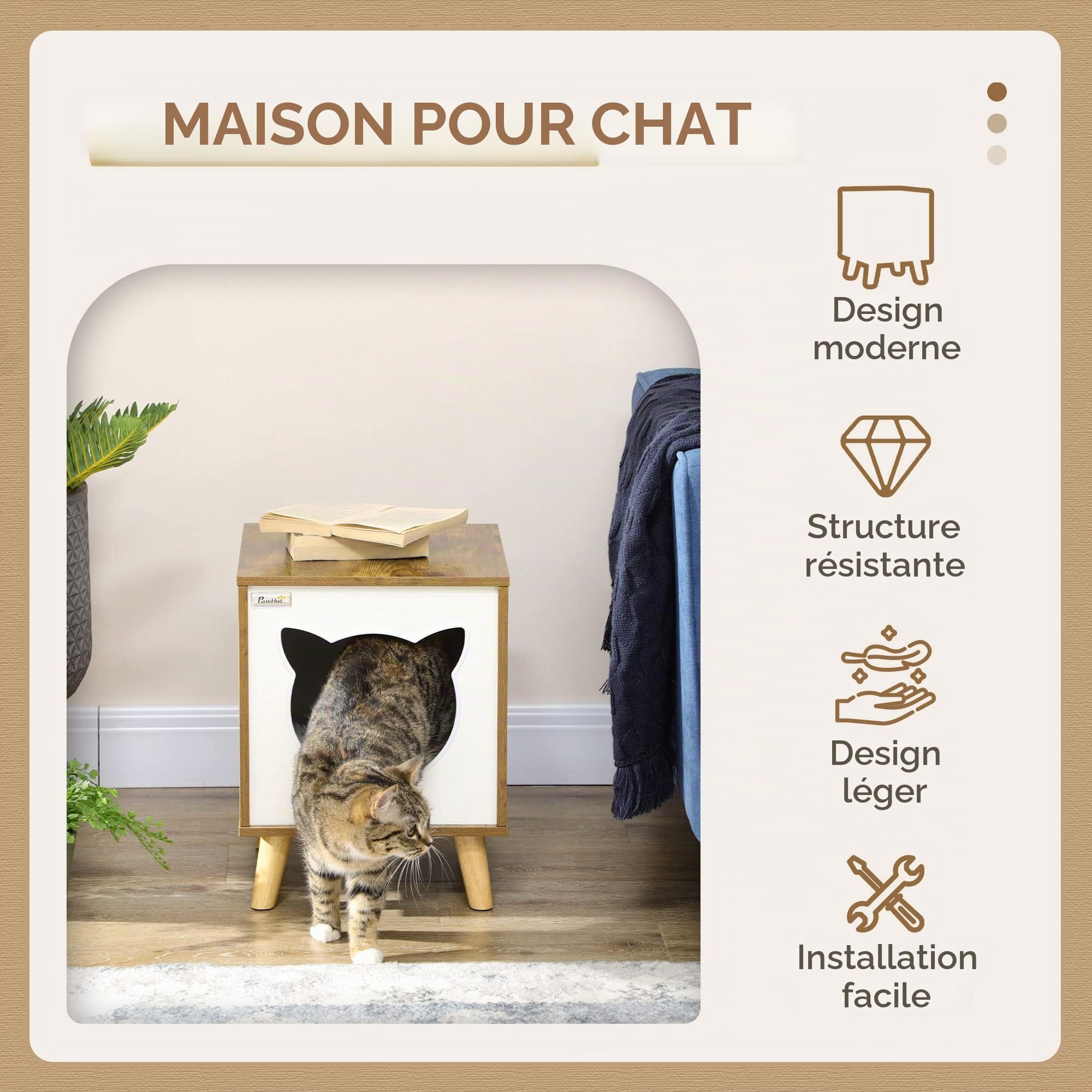 Pawhut Maison en Bois pour Chat avec Coussin Lavable 34x34x44,5 cm Brun