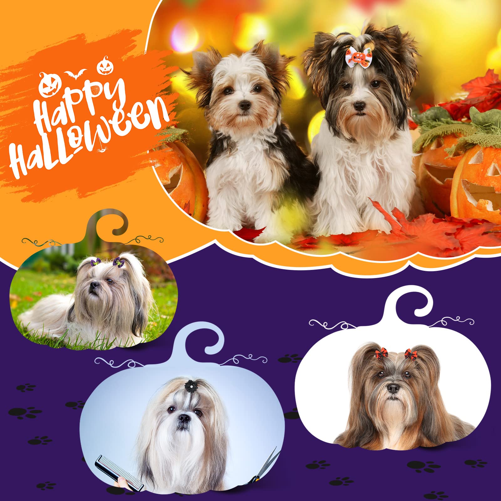 Xuniea 120 Pezzi Fiocchi di Pelo di Cane di Halloween con Elastici Fiocco di Fiori Fiocchi per Capelli di Cane Yorkie Fiocchi di Strass Perle Accessorio per Toelettatura di Cucciolo Piccolo