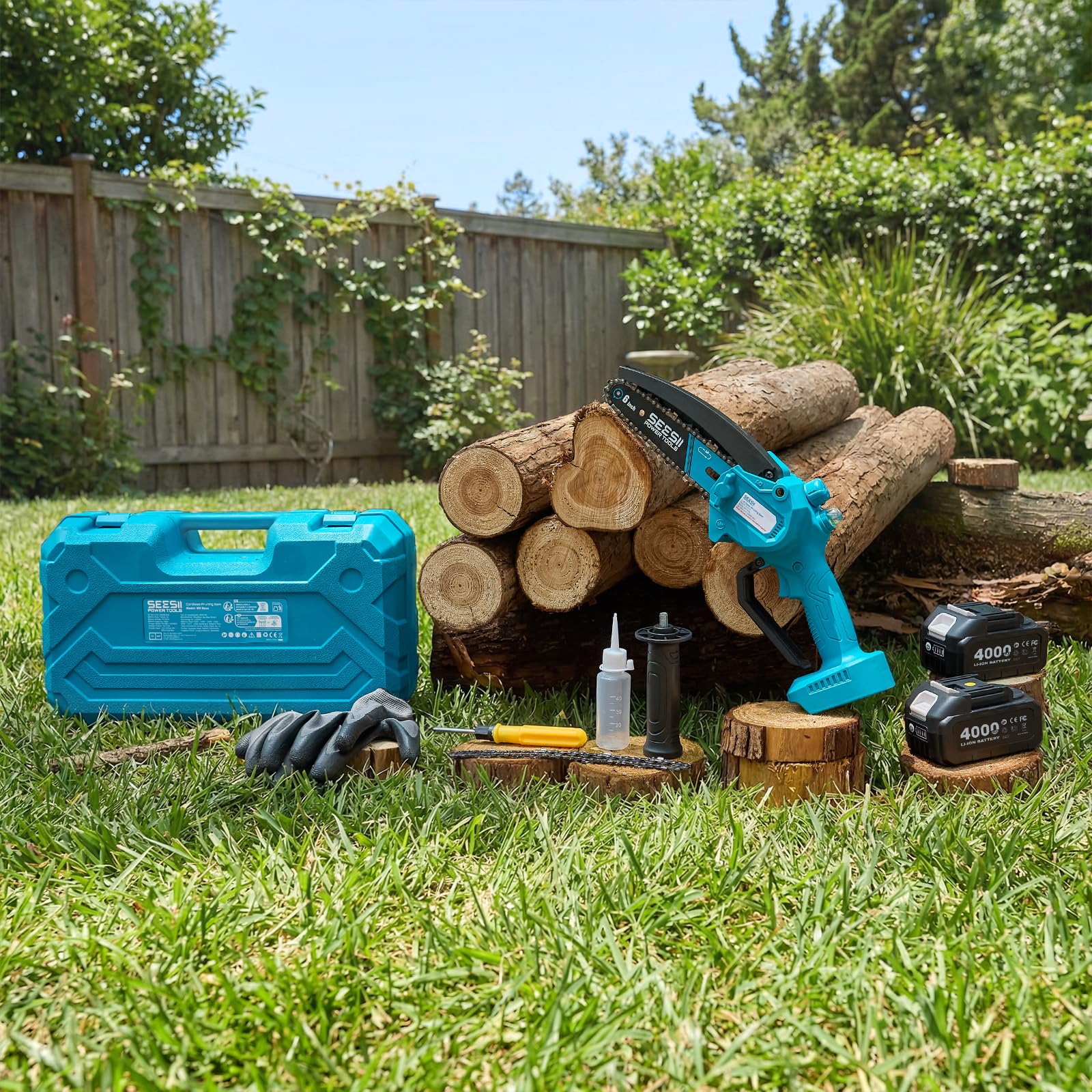 SEESII Mini Motosega a Batteria da 6 Pollici con Batterie 2x4.0Ah | Motosega Elettrica Leggera con Lubrificazione Automatica e maniglia, Perfetta per Giardinaggio, Taglio Legna e Campeggio