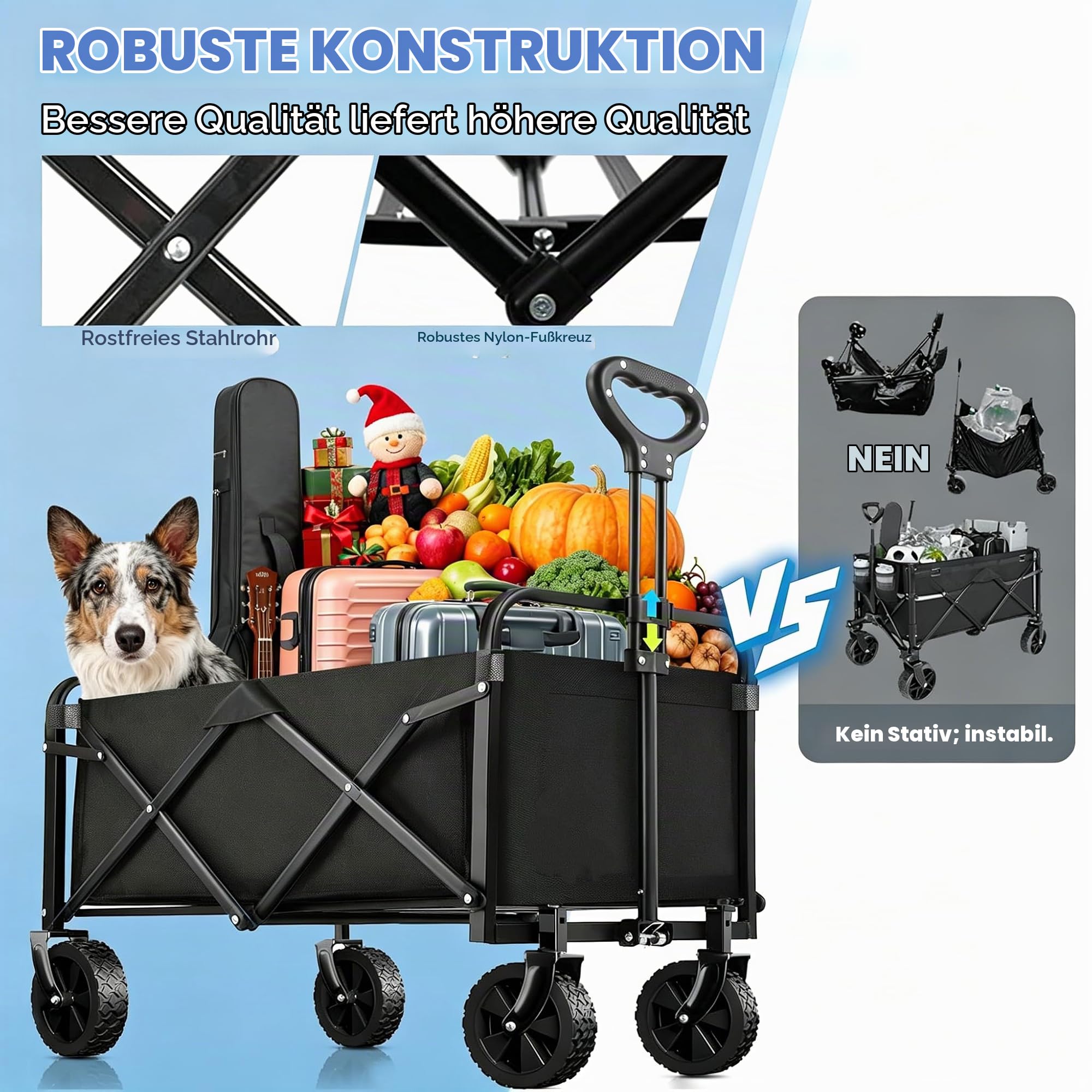 Faltbarer Bollerwagen mit Teleskopischer Griff, Bollerwagen Faltbar, Klappbarer Handwagen für Alle Gelände, Strand Draussen Camping Einkaufen