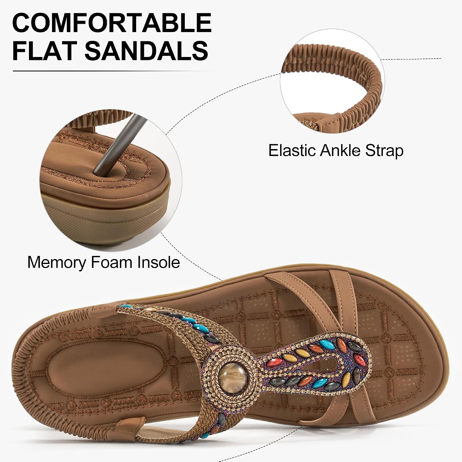 Ecetana Womens Sandals Dressy Summer Comfortable Slip On Bohemian Flats Sandals Beach Shoes for Walking