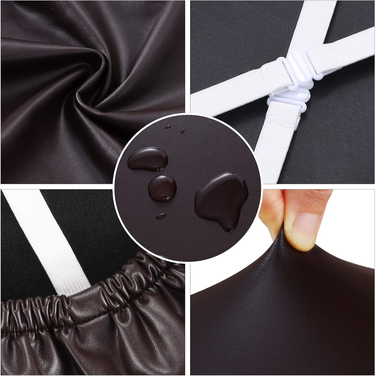 Fuloon Dining Chair Seat Covers 6 PCS, Solid Pu Leather Waterproof Seat Cushion Cover Oilproof Stretch Dining Chair Protctor Slipcover (Pu Dark Brown)
