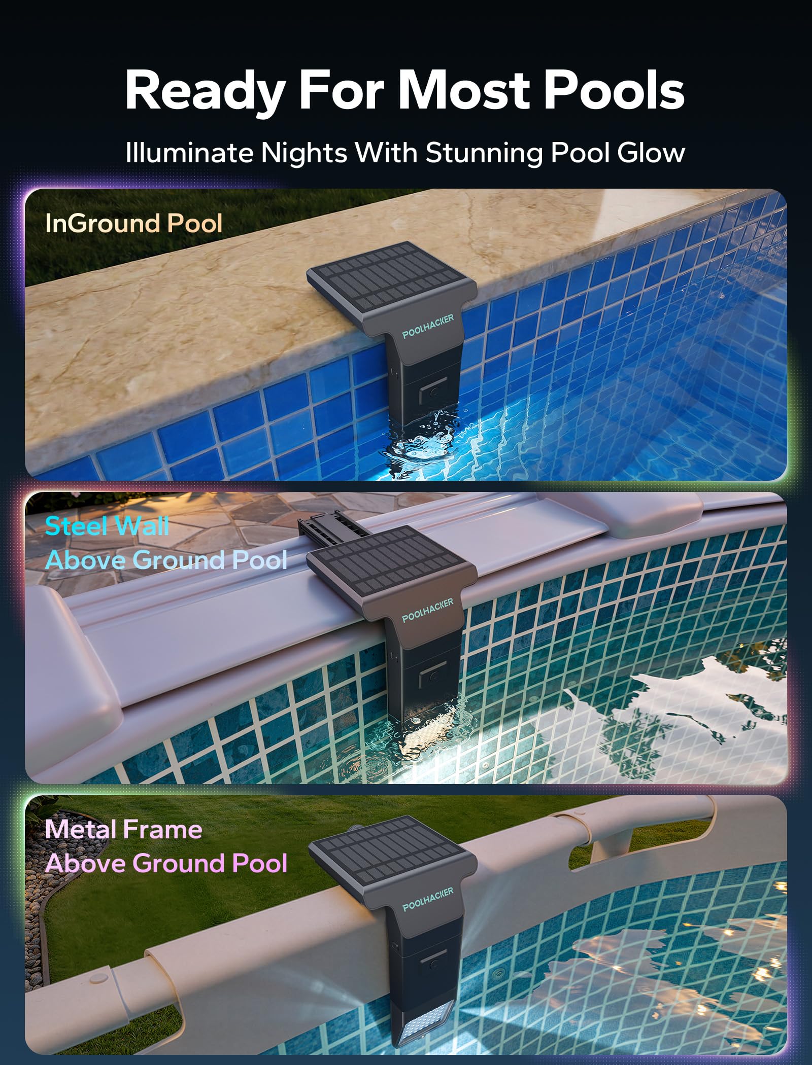 Condition photo showing New/Like New for solar pool lights for inground & above ground pool, 10-color 4-mode led pool lights, underwater swimming pool lights with timer, submersible pool lights with remote, waterproof design (black, 1 pack)