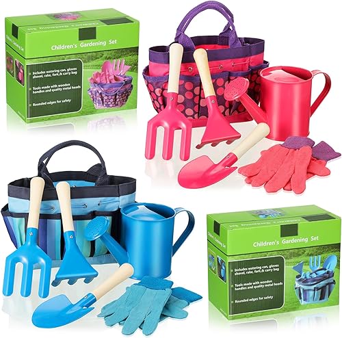 DEEKIN Juego de 2 herramientas de jardinería para niños, color rosa y azul, incluye regadera, guantes, pala, rastrillo, tenedor y bolsa de mano para