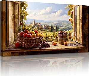 crmotu Faux Window Rustic Wall Art, Fruit Harvest Kitchen Wall Decor, Vineyard Landscape Large Art Prints, Orchard Beyond the Windowsill Pictures for Living Room Dining Room Bedroom 24x48 Inch