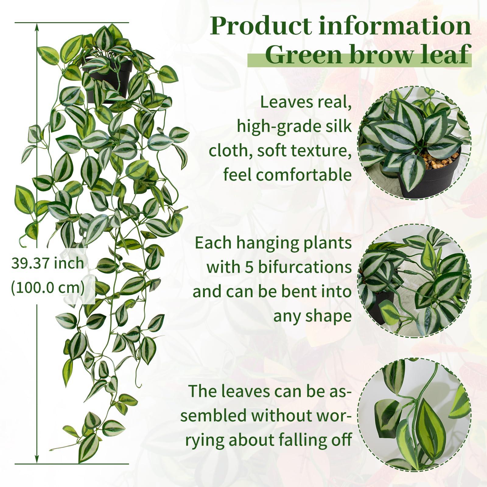 LUZOGA Artificial Plants Indoor Small Potted Hanging Vine plnat 39-in Long Fake Green Eyebrow Leaf Plant Faux Trailing Plant for Home Office Livingroom Desk Shelf Mantle Decoration (Black Pot)