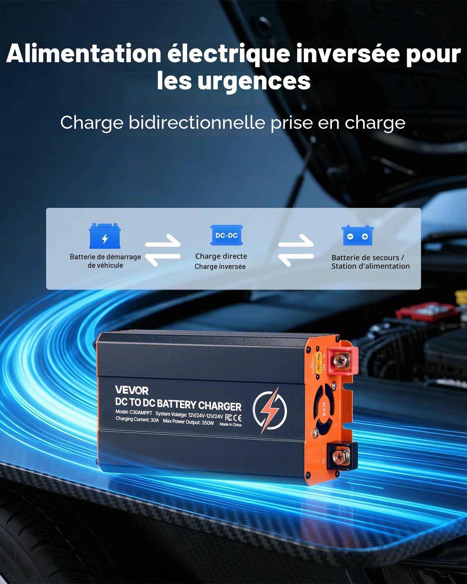 VEVOR Chargeur DC-DC avec MPPT 350 W 30 A Chargeur de Batterie DC-DC 12 V/24 V-12 V/24 V Double Entrée Panneau Solaire/Alternateur pour Camping-Car Voiture Bateau, Compatible avec LiFePO4 Plomb-Acide