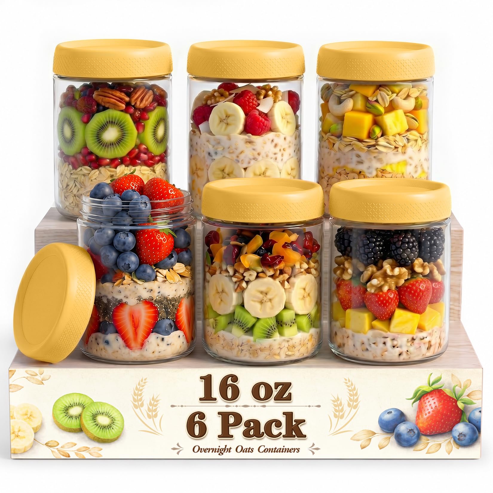 16 oz Glass Jar with Lid, Overnight Oats Jars, Spice Containers, Yellow