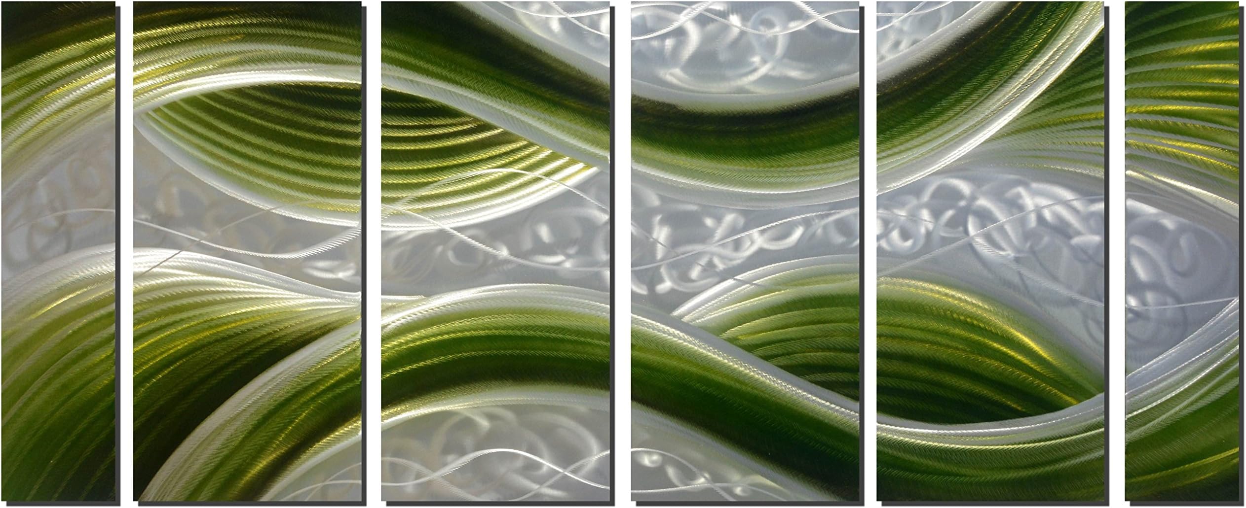 Handcrafted Abstract Metal Wall Art with Soft Color, Large Scale Decor in Green Line Design, 3D Artwork for Indoor Outdoor Wall Decorations, 6-Panels Metal Art Measure 24"x 65"